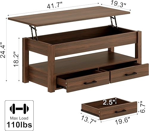 Miniatura 15 de FABATO Mesa auxiliar extragrande de 47.2 pulgadas, mesa de centro grande con cajones de almacenamiento, compartimento oculto, mesa central elevadora