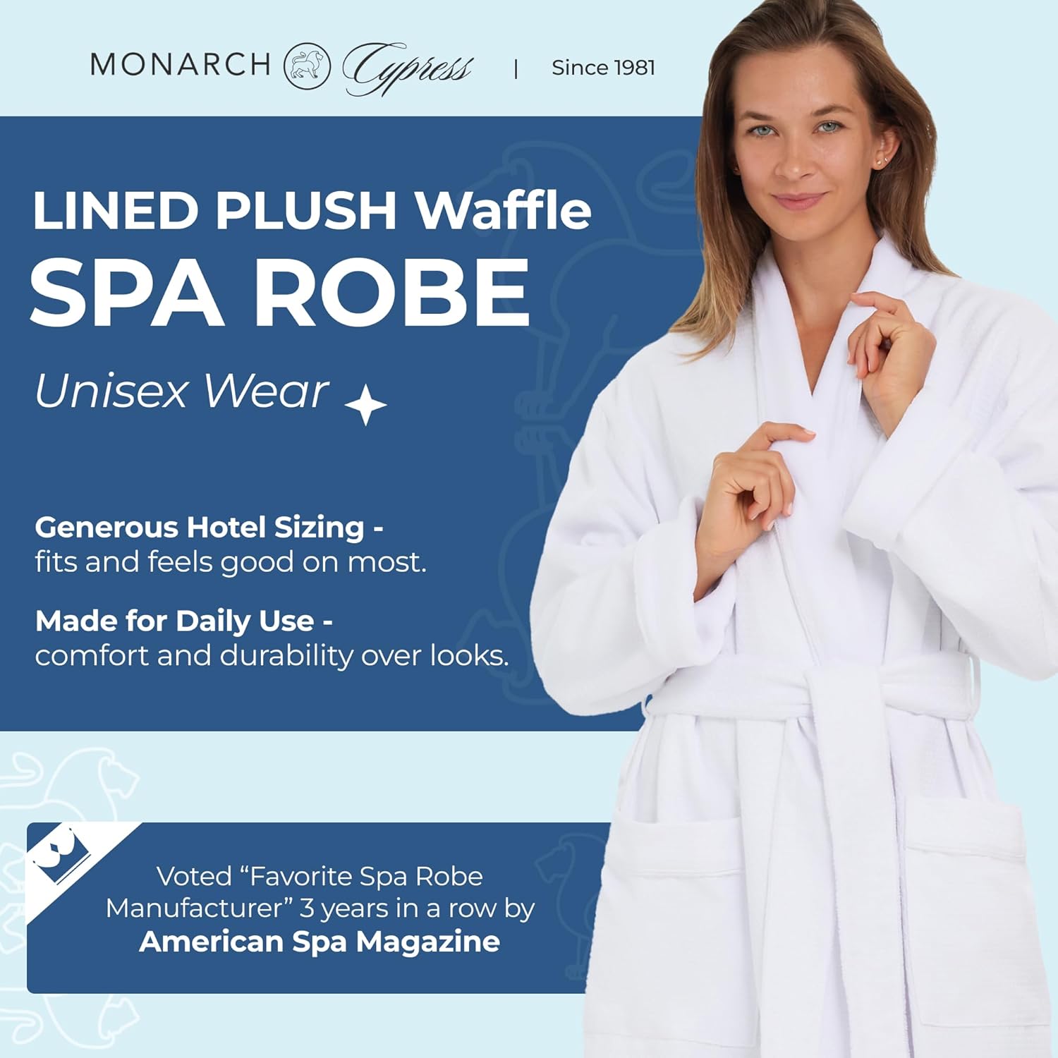 MONARCH Unisex Plush Lined Waffle Spa Robe – Soft and Warm Textured Fabric, Generously Sized Hotel & Spa Robe with Pockets - Image 2