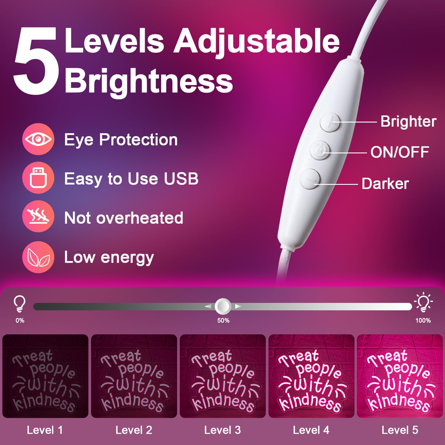 Insegna Al Neon Rosa 'Tratta Le Persone Con Gentilezza' - Luci LED USB Dimmerabili, Per Camera, Ufficio, Feste