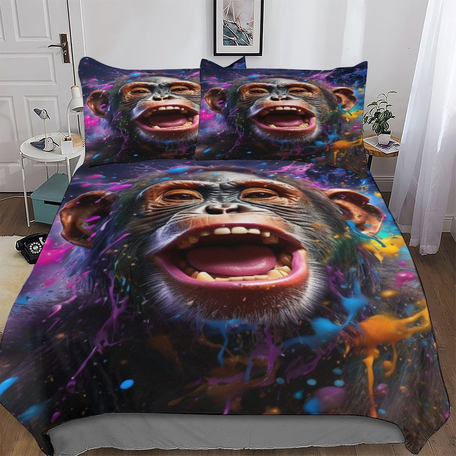Housse de couette singe 220x240 cm avec taie d'oreiller pour lit adulte parure microfibre 3 pièces