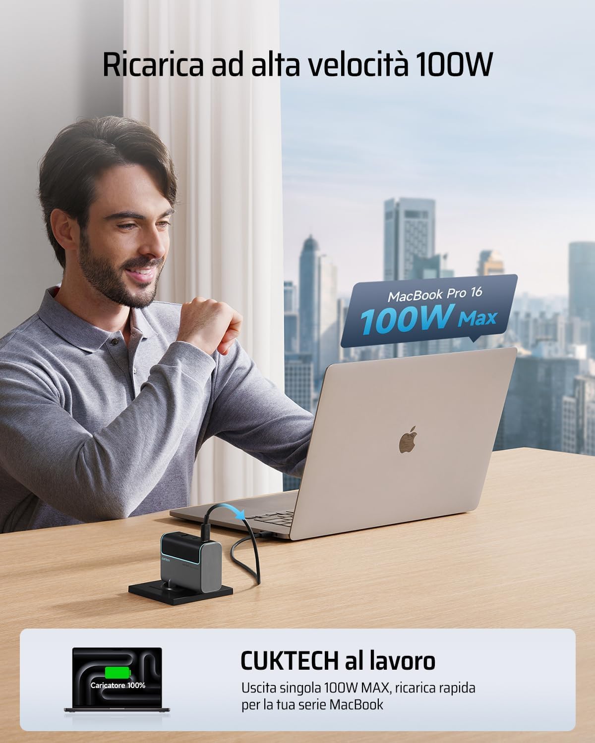 CUKTECH 100W USB C Caricatore Gan Rapido PD Compatibile Samsung Galaxy S24 iPhone 16 Pro Laptop MacBook Pro Nero