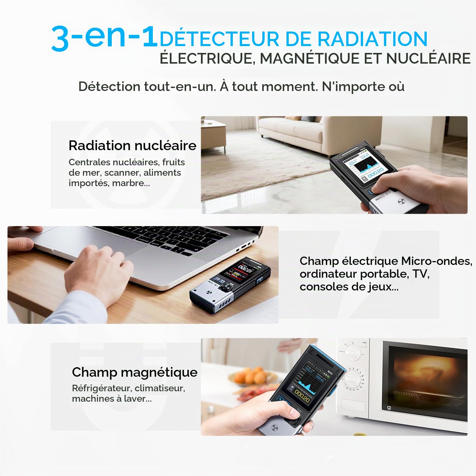 DEWIN Compteur Geiger GC-03, Détecteur de rayonnement Multifonction 3 en 1 for Champs électriques écran rétroéclairé de 2,4 Pouces Champs magnétiques et rayonnement nucléaire, Noir