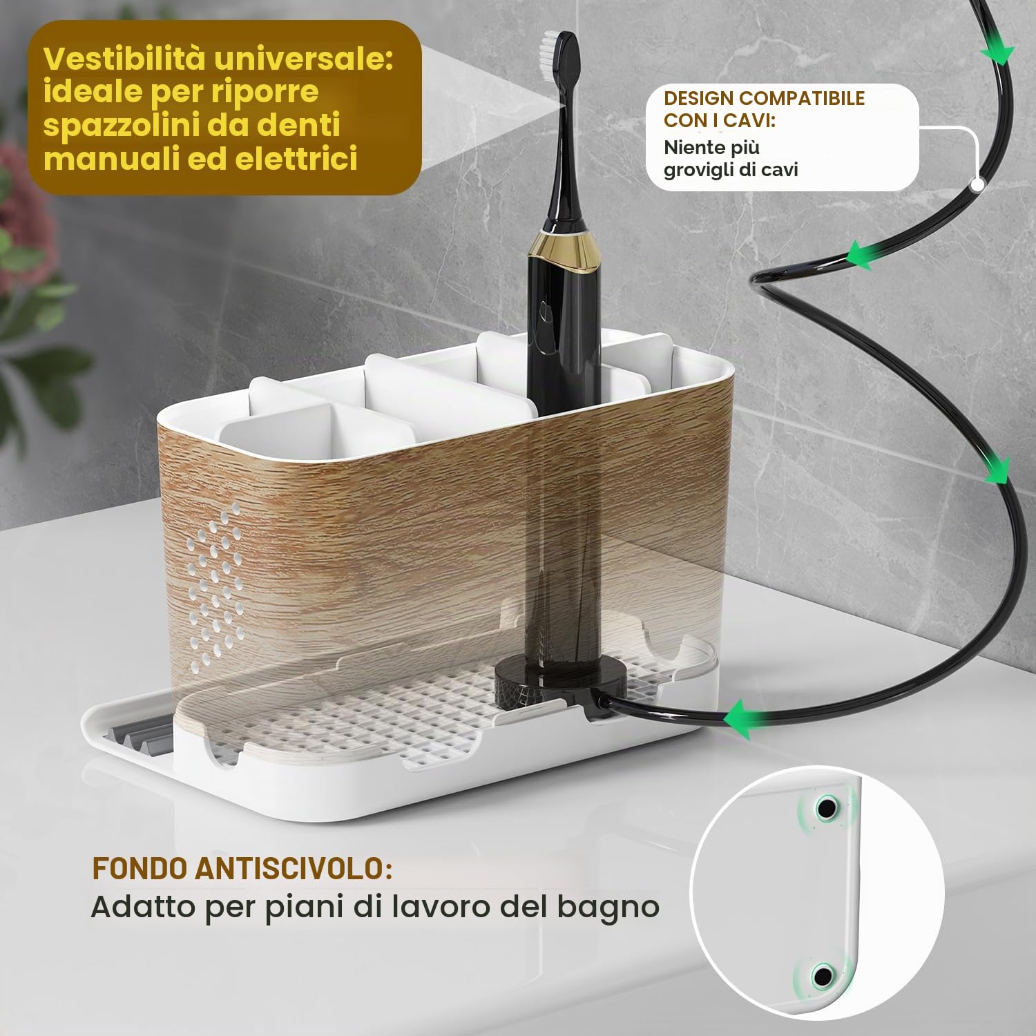 Portaspazzolino famiglia grande, effetto legno, organizer per spazzolini da denti, con supporto per telefono e divisori regolabili, facile da pulire, 6 scomparti, con scarico per famiglia, bambini