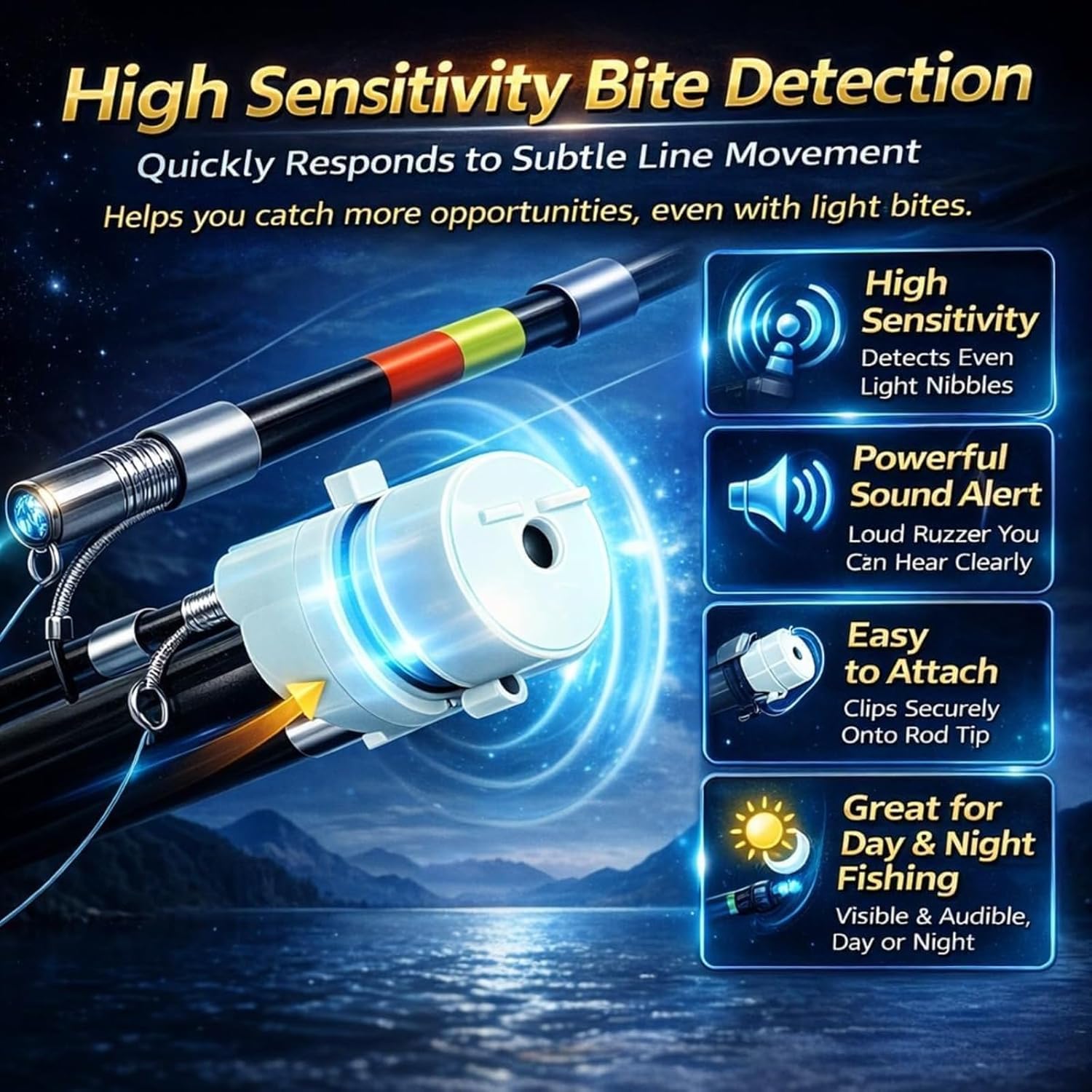 High Sensitivity Fishing Float Bite Alert for Rods, Waterproof Smart LED Luminous Hook Alarm, Night Fishing Float Bite Alert Indicator, Portable Buzzer for Sea Lake Raft Gear
