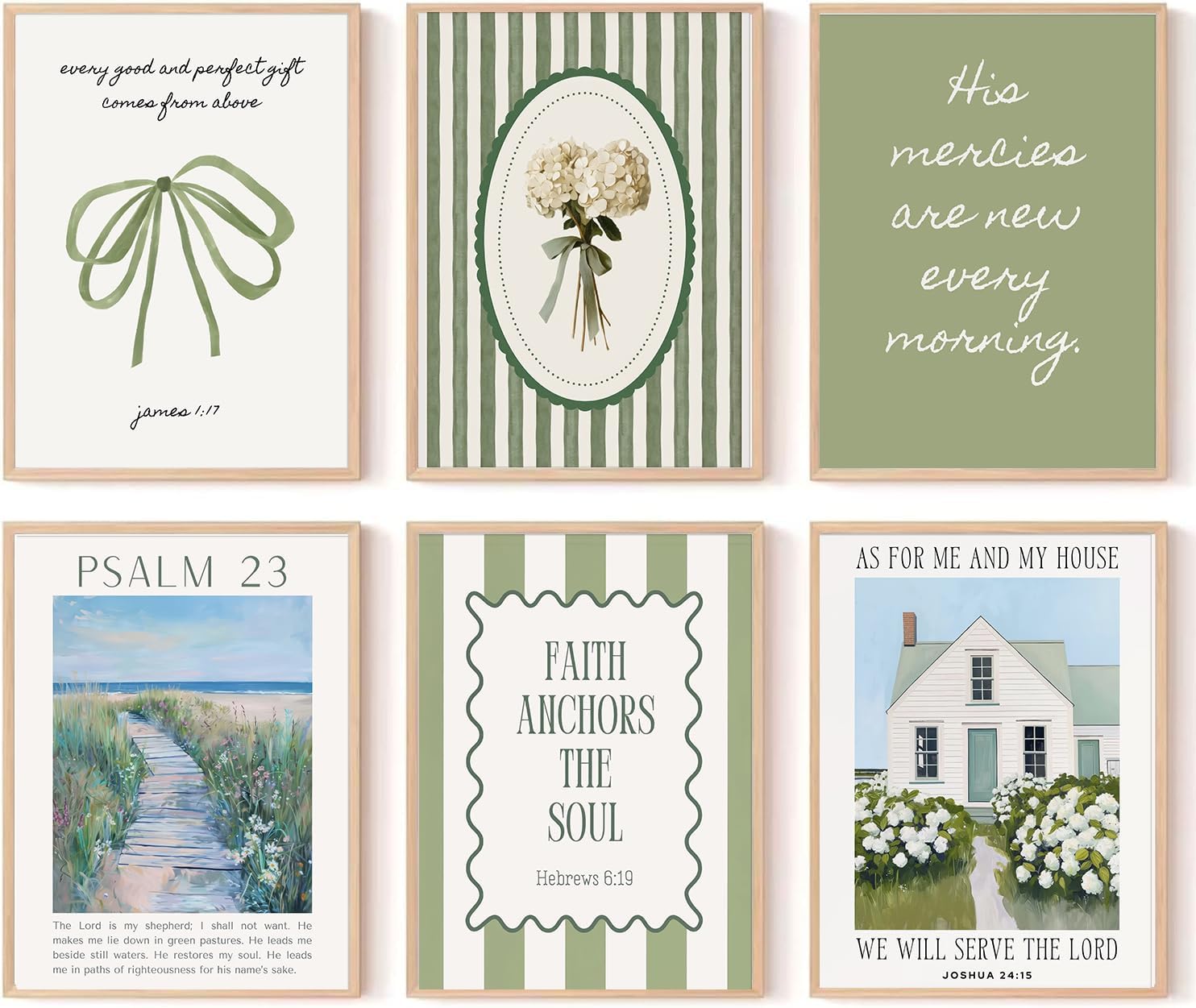 6Pcs Sage Green Christian Wall Art Bible Verse Canvas Poster Green Bow Inspirational Religious Prints Faith Anchors the Soul Art Prints Jesus Posters for Living Room Bedroom 12x16 Inch Unframed