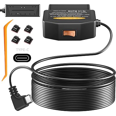 OBD2 OBD Power Cable for Dash Camera, OBD to Type-C USB OBDII Adapter Hardwire Charger Cable 24 Hours Surveillance and Acc Two Mode with Switch Button and Low Voltage Protection, 12-36V to 5V/3A