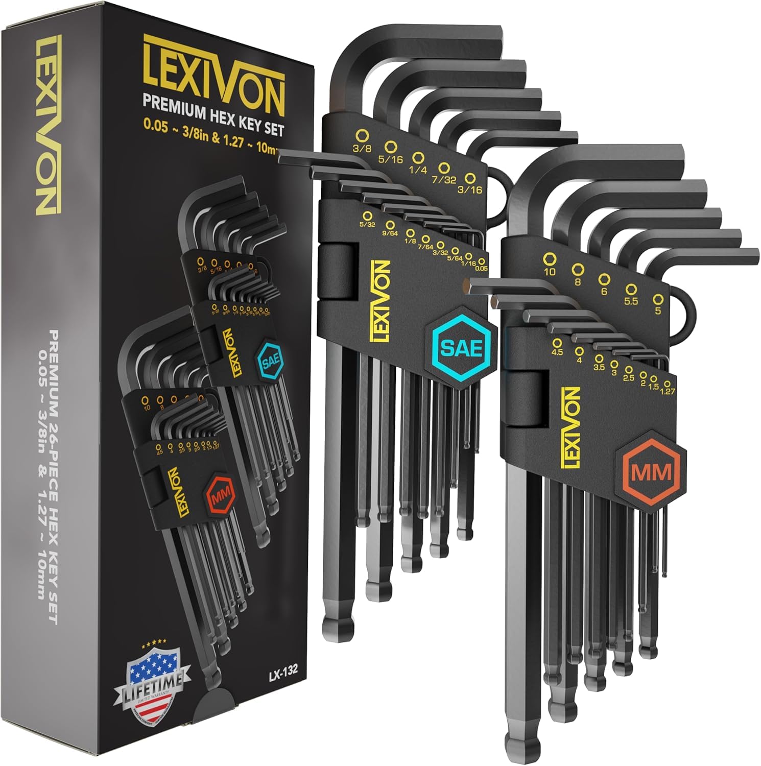 LEXIVON Innensechskantschlüssel Imbusschlüssel Set, 13-teiliges Premium-Metrisches Sechskantschlüssel Set, L-förmiges Design mit langem Schenkel & Kugelkopf, S2-Stahllegierung (LX-130H-MM)