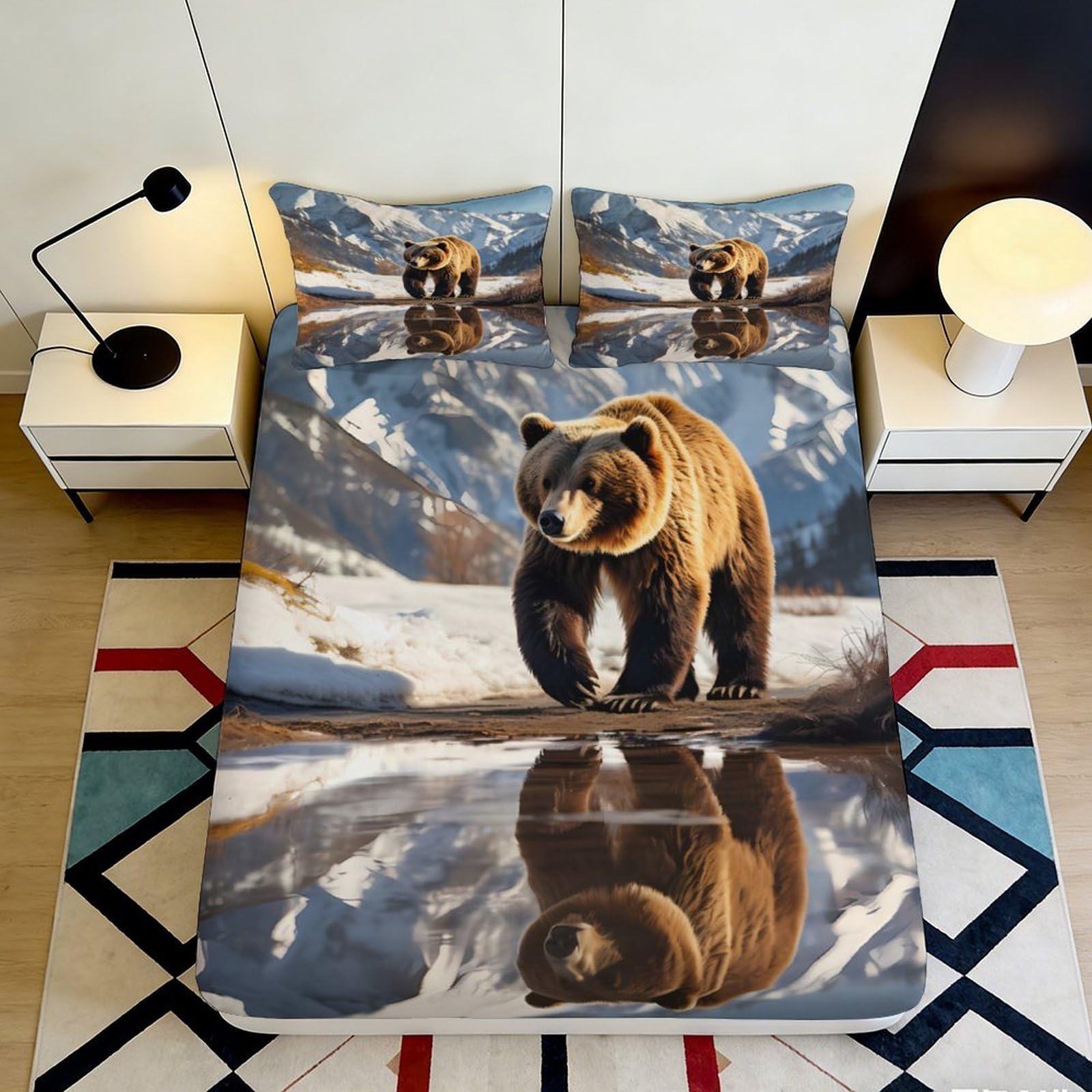 3D Printed Brown Bear Fitted Sheet Microfiber Soft Breathable Mountain Reflection Bed Cover for Bedroom Dormitory Guest Room Mattress Protection 180x200x25cm