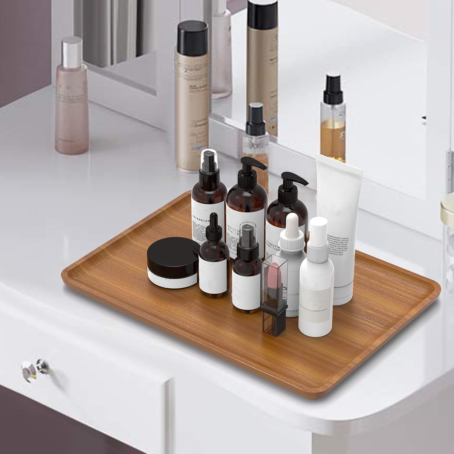 Bamboo Vanity Tray, Decorative Tray for Counter, Coffee Table, Kitchen, Bedroom (Large) - Image 2