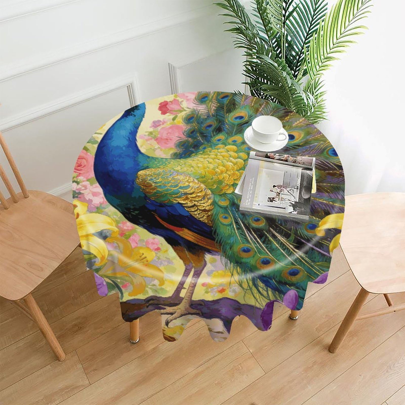 LZQPOEAS Flowers and Feathers Tablecloth Easy to Clean Polyester Round Table Cover Washable Round Table Cloth Wrinkle-Free Circle Decoration Tablecloth for Kitchen and Dining Room 60"