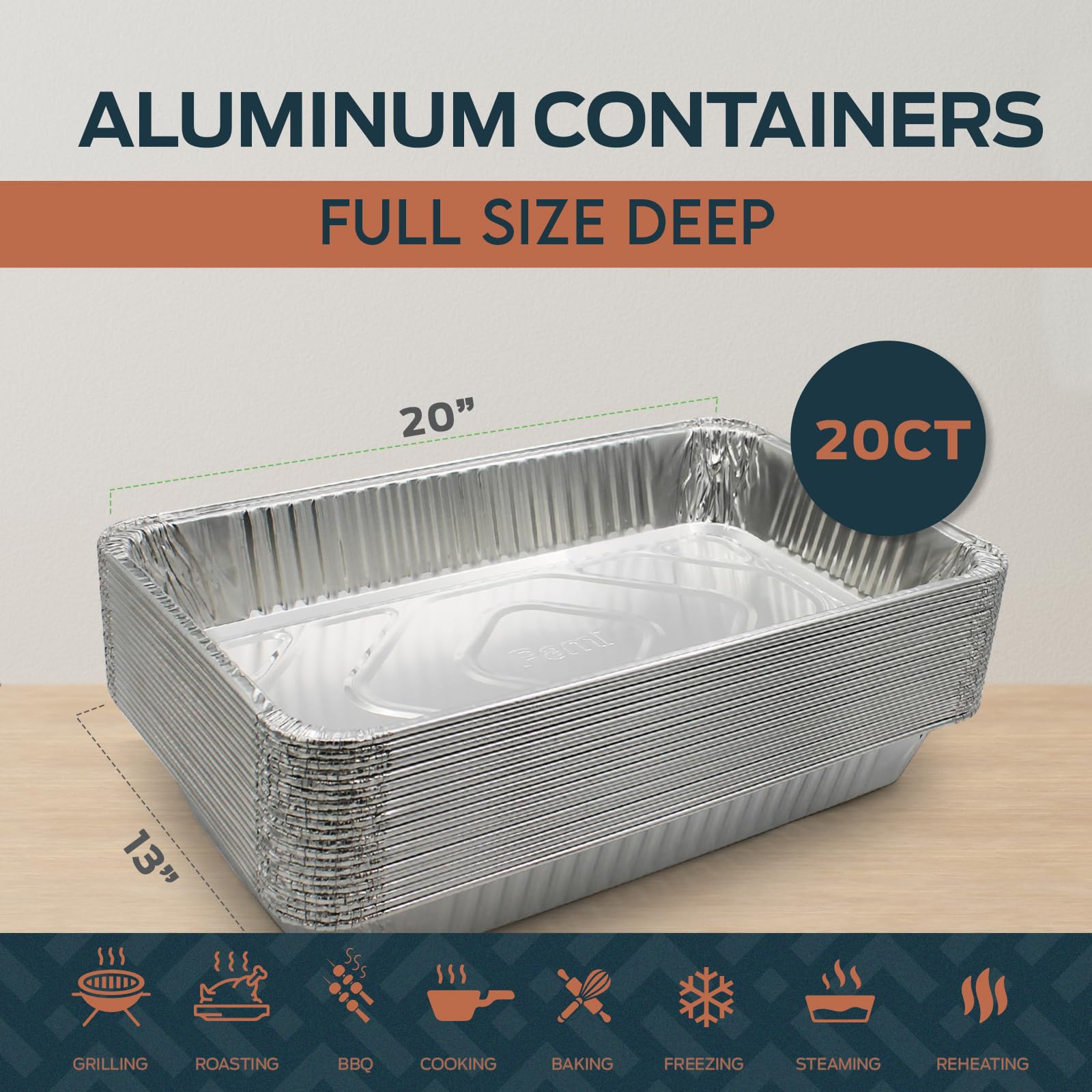 PAMI Bandejas desechables de aluminio para hornear, tamaño completo, profundas [paquete de 20] – 20 x 13 pulgadas, bandejas de aluminio aptas para horno y congelador, sartenes grandes de papel de