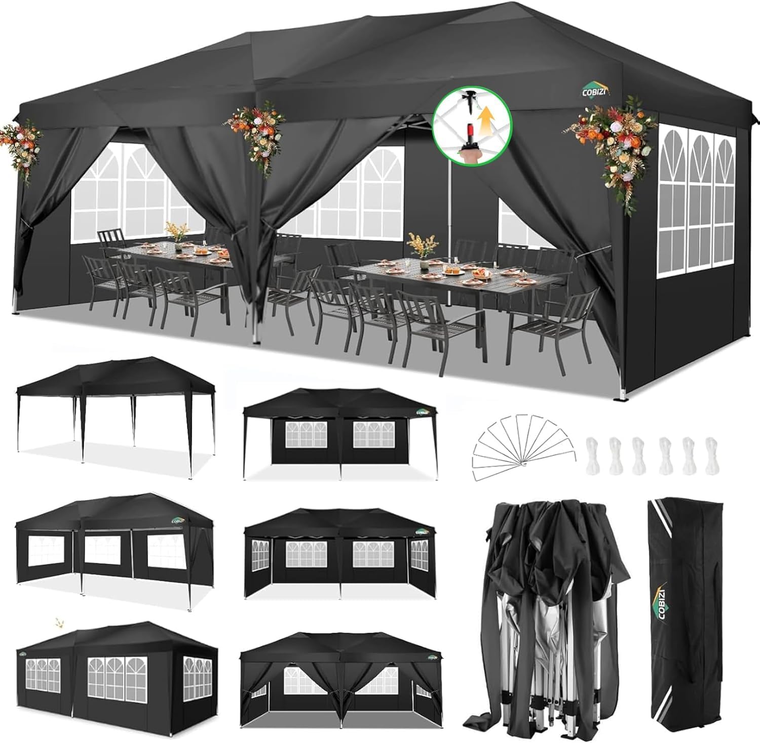 COBIZI 10x20 Pop Up Canopy Tent with 6 Sidewalls Party Tents for Parties Weddings Backyard Waterproof Commercial Instant Outdoor Events Tent with Stakes, Ropes（10 x 20 ft Black