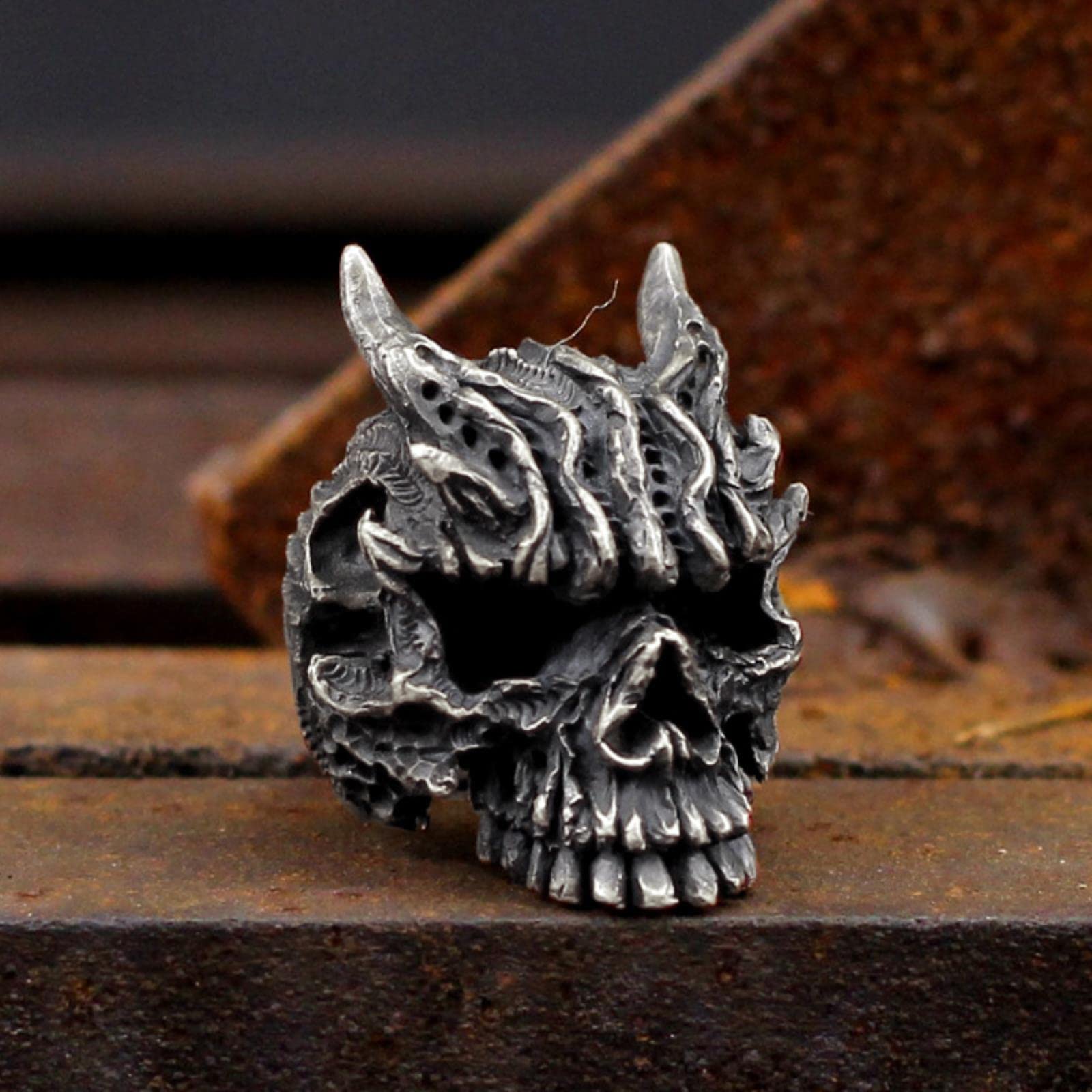 DAOMEI Men's Heavy Metal Gothic Black Asura Skull Rings Goth Biker Jewelry Gift
