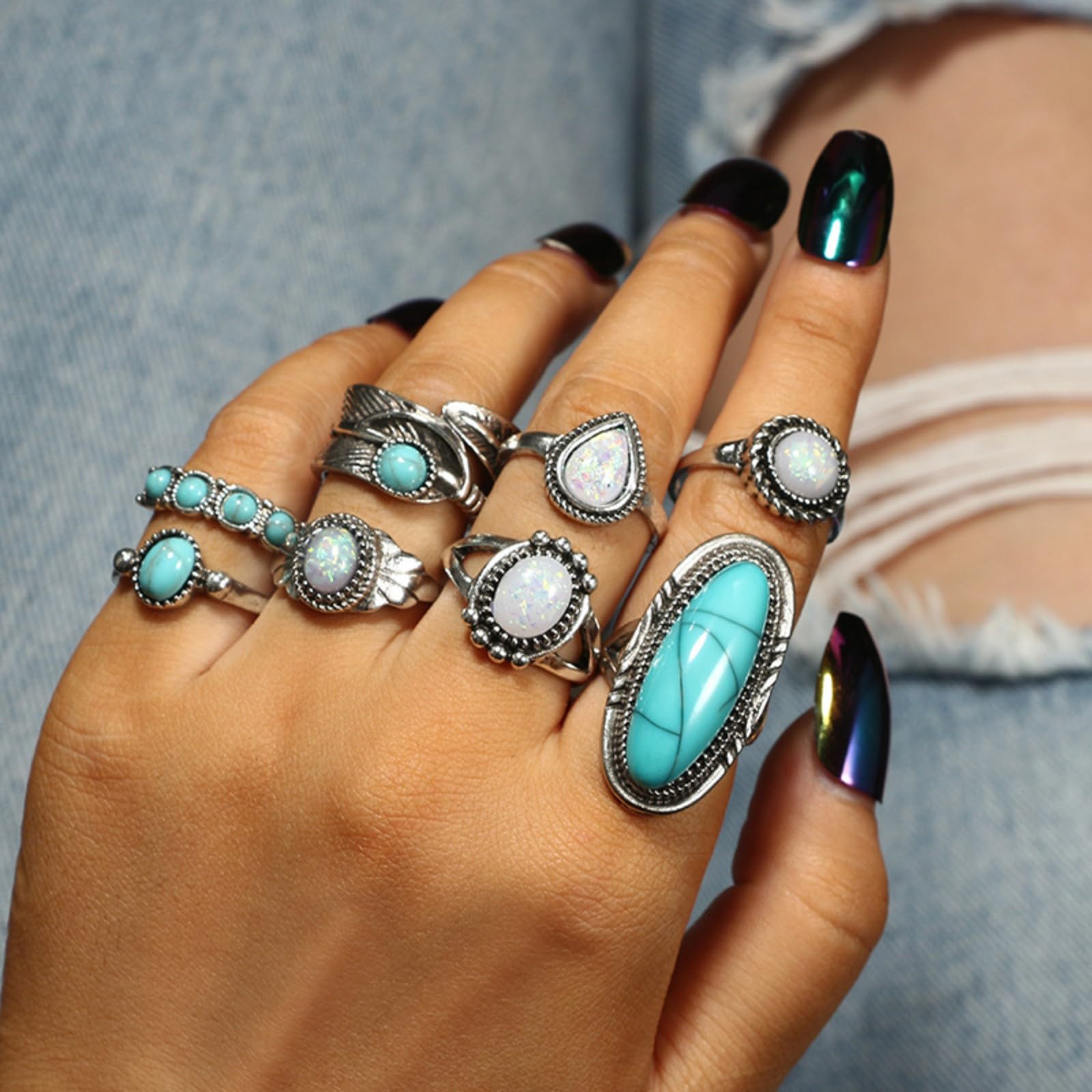 Juego de 8 anillos bohemios para nudillos para mujer, anillo de dedo turquesa ovalado vintage, ópalo, piedras preciosas, lágrima, midi, paquete de anillos punk, hoja punk, joyería diaria 2