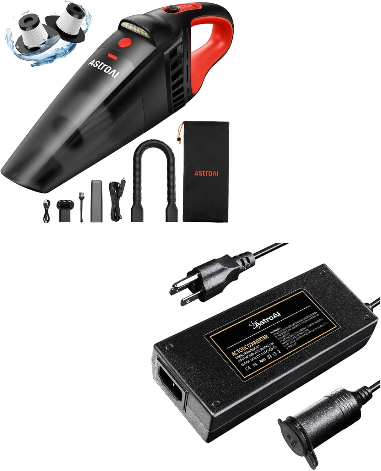 AstroAI Handheld Car Vacuum Cordless with Accessories, Portable Vacuum Cleaner with 12V DC Power AC to DC Converter, 8.5A /102W/110V to 12V Converter