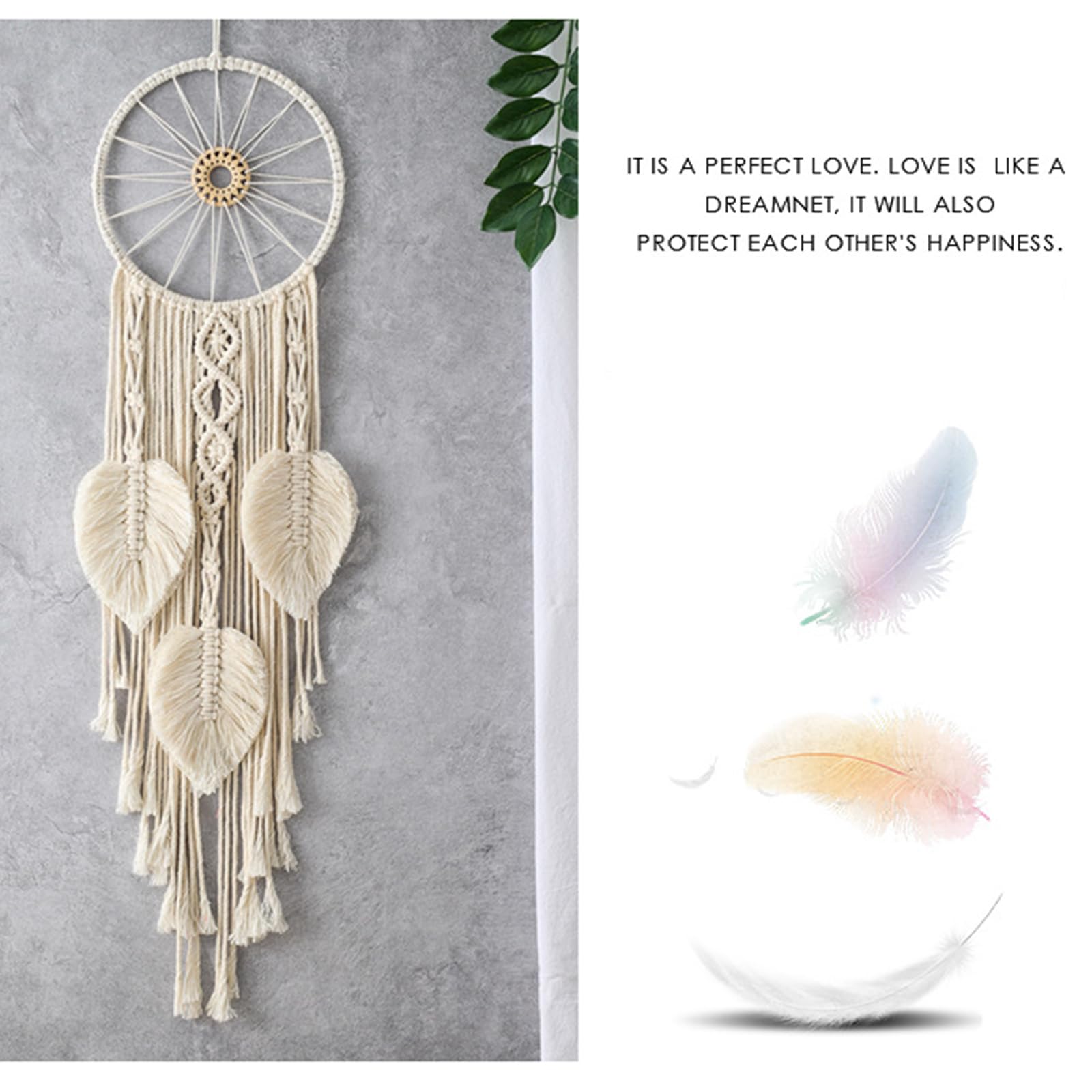 Attrape-rêves feuille tissée double cercle macramé tenture murale beige