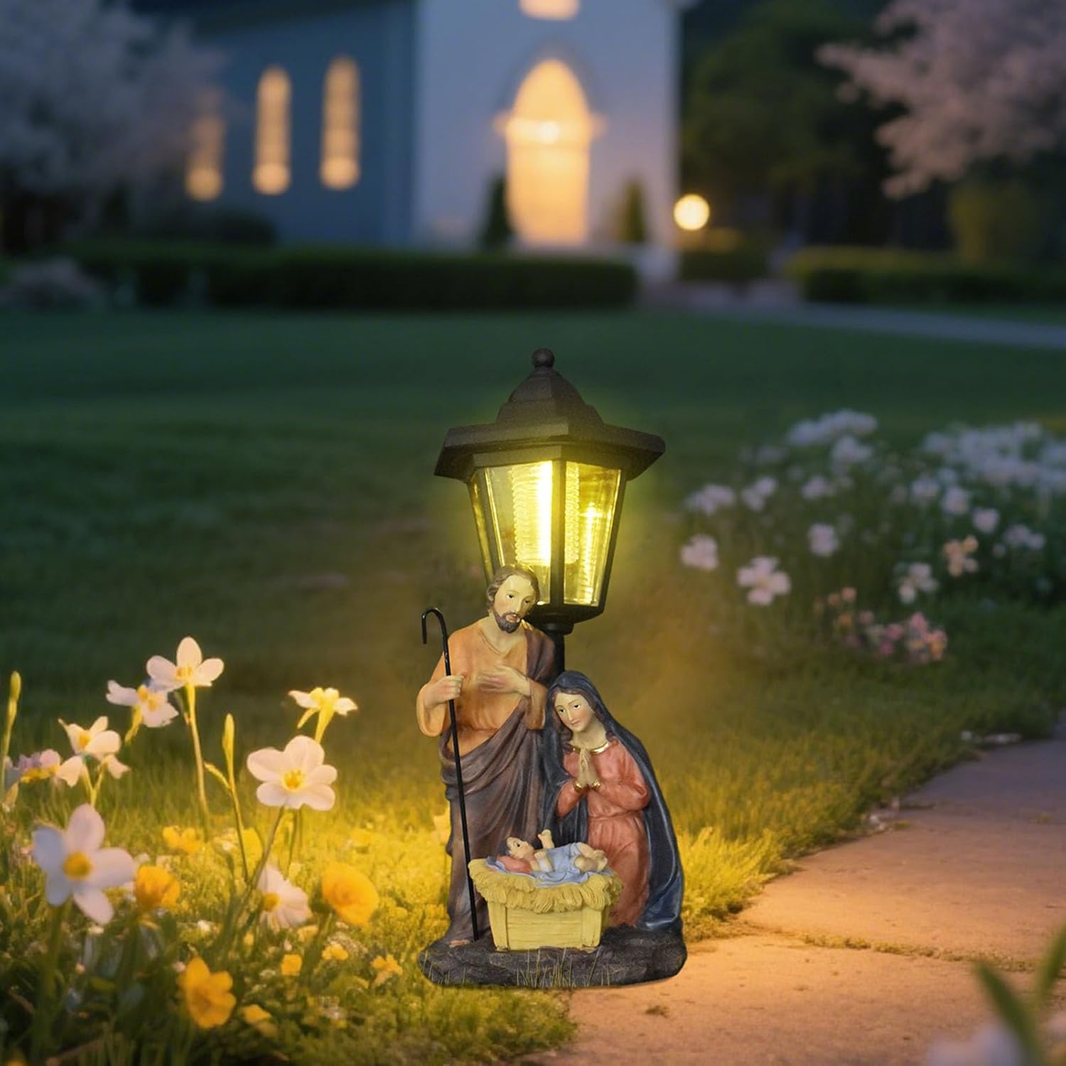 Solar Operated Light Nativity Scene Resins Statue Outdoor Religious Garden Decors Handcrafted Holy Family Ornament Nativity Sculpture