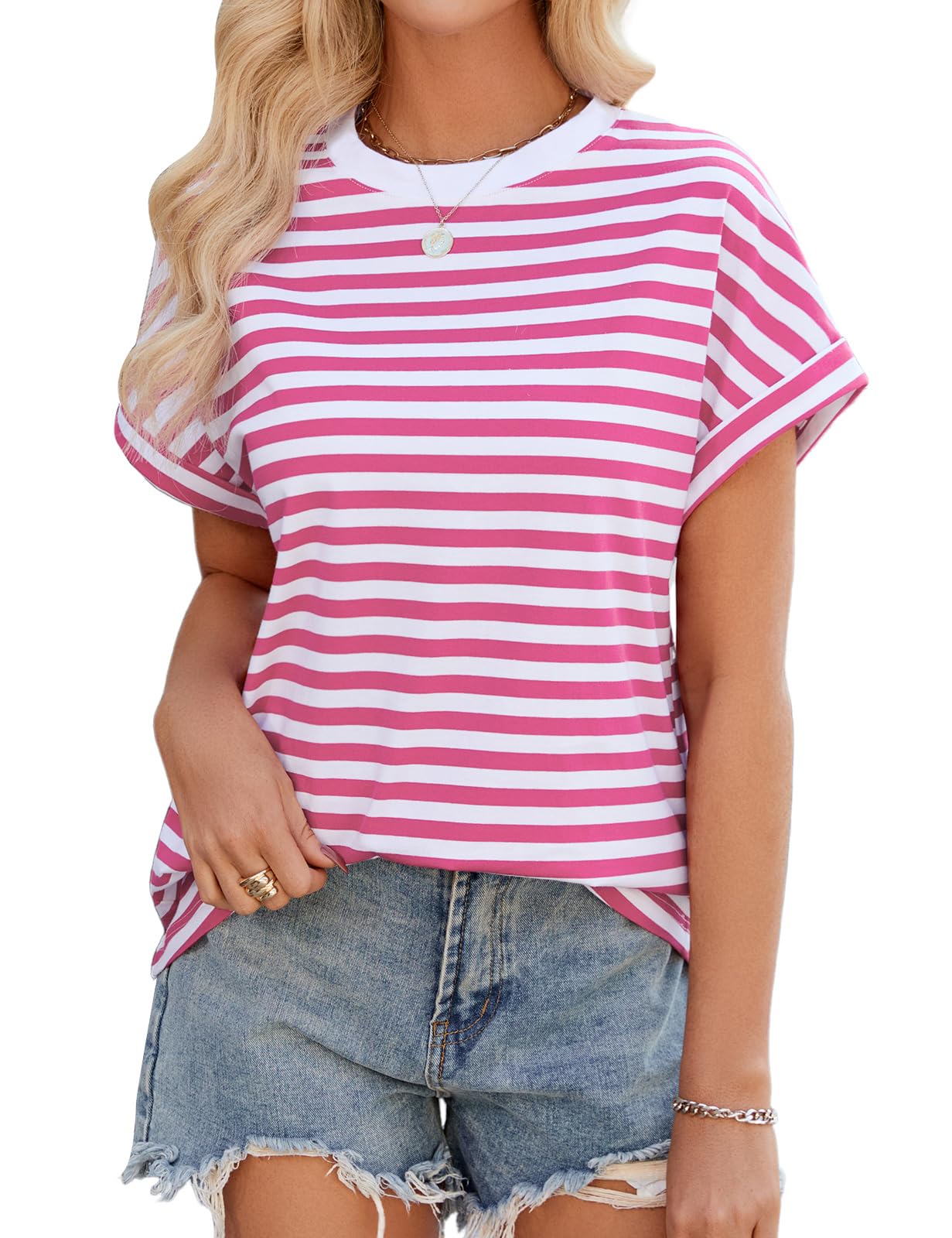 Lonya Tshirt Damen Sommer Oversize Top Kurzarm Rundhals Oberteil Locker Casual Elegant Bluse Gestreift Tee Shirts