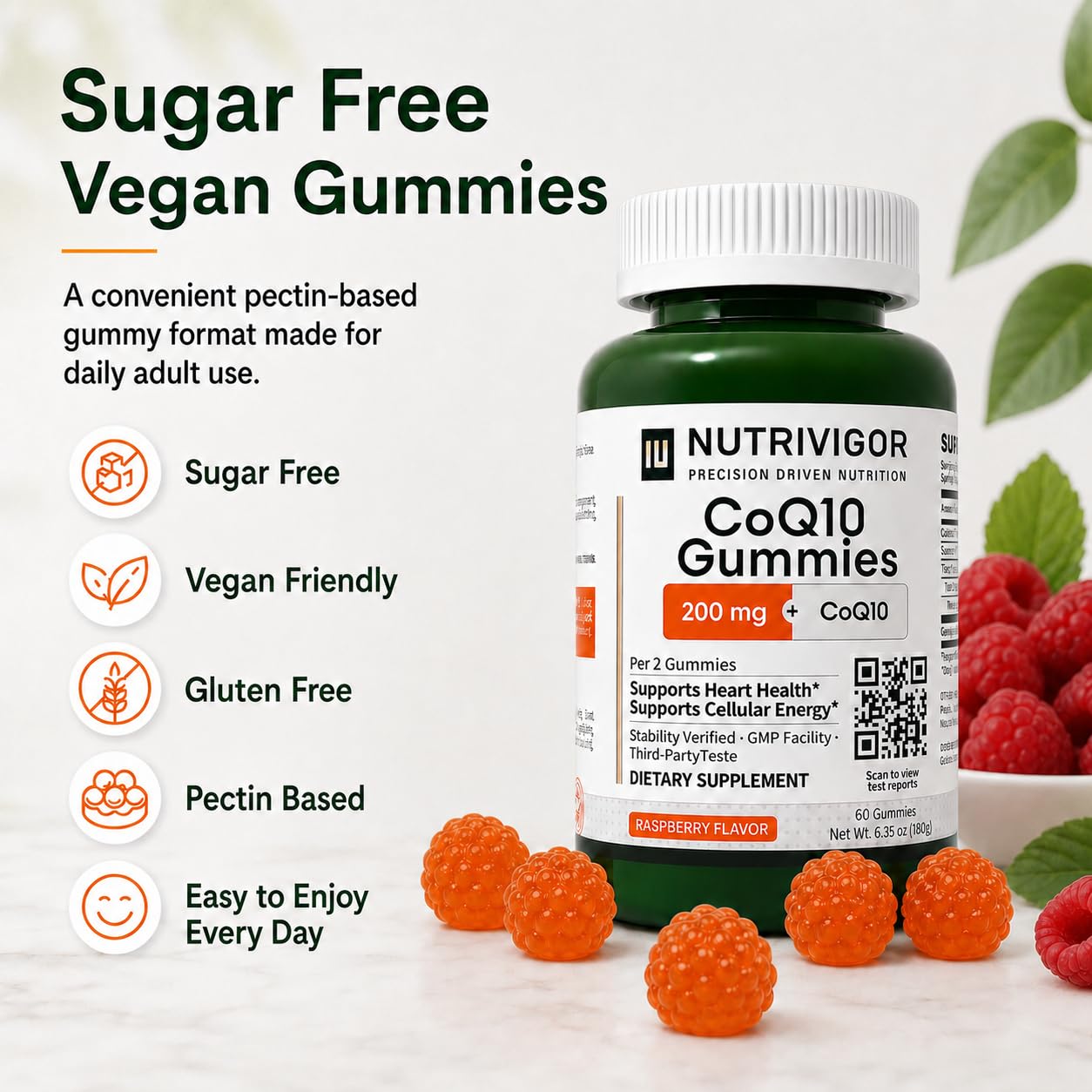 CoQ10 Gummies 200mg, Coenzyme Q10 Gummies for Adults, Sugar Free Vegan Supplement, Supports Heart Health, Cellular Energy & Antioxidant Support, No Artificial Colors Added, Raspberry Flavor, 60 Count — Amazon image 5