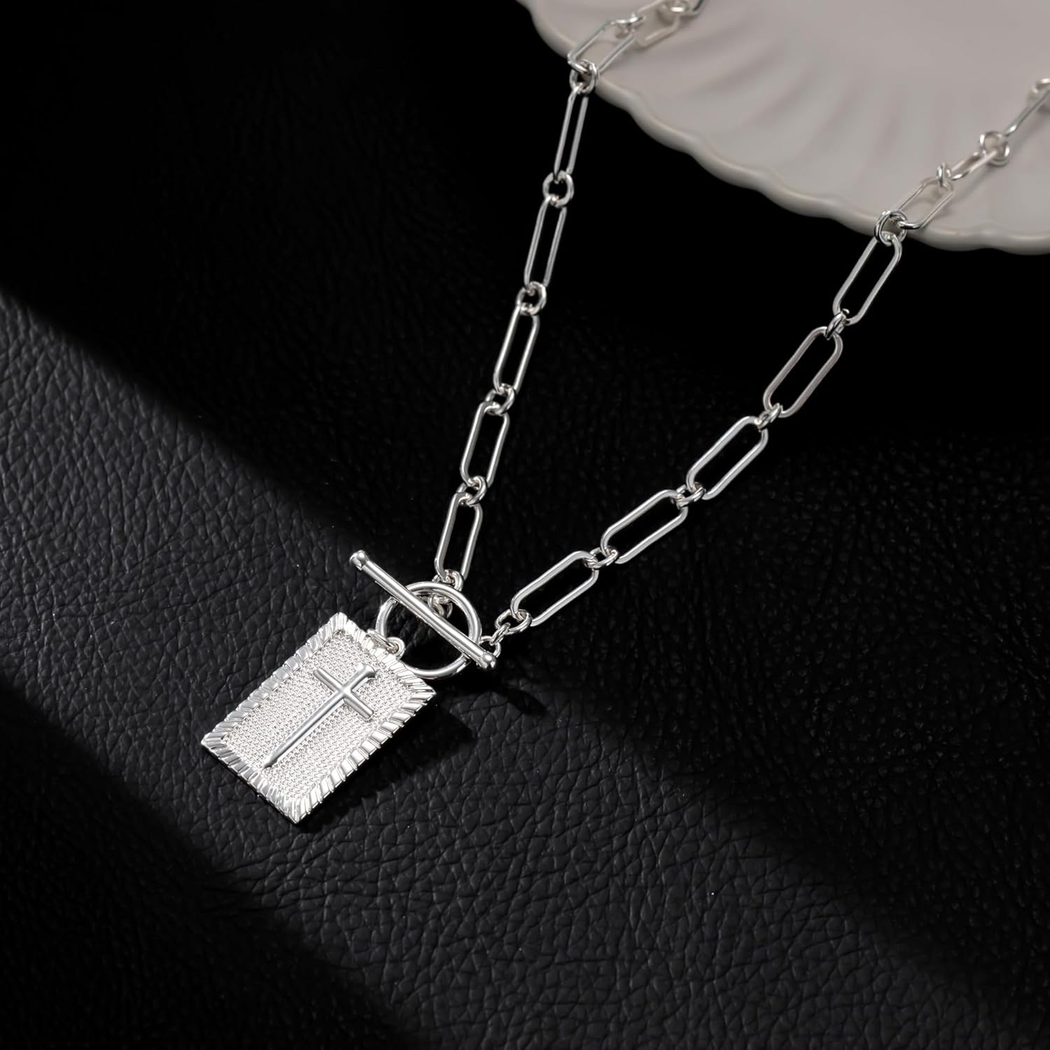 Stainless Steel Cross Paperclip Necklace Cross Square Rectangle Necklace Pendant Gold Sliver Plated Crosses Toggle Clasp Necklaces for Women Faith Jewelry - Image 3
