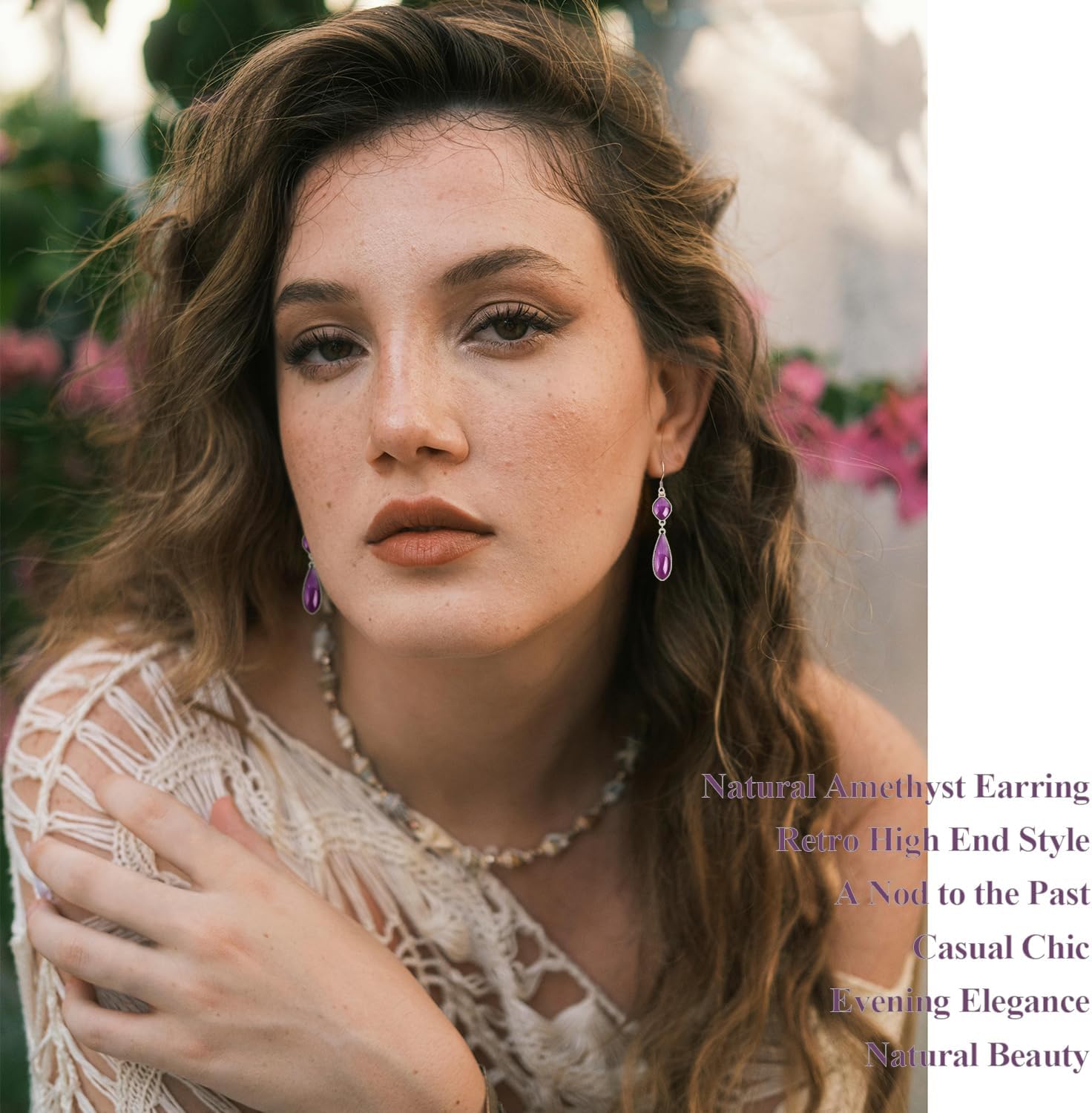 925 Sterling Silver Real Amethyst Dangle Earrings for Women Genuine Purple Crystal Dangling Earring Jewelry with Fish Hook Back Finding