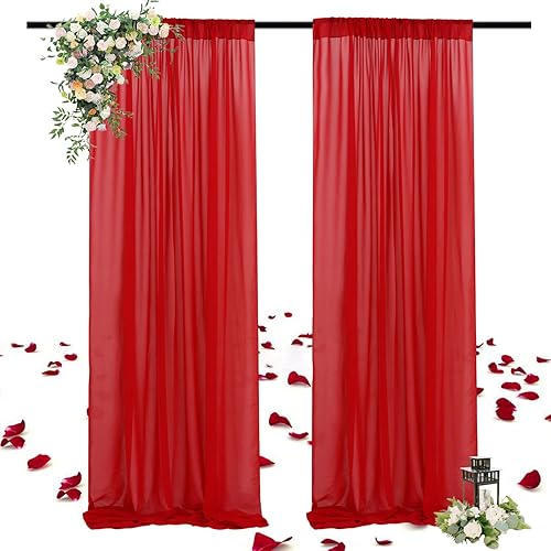 FOTSHARER Cortinas rojas transparentes de gasa, cortinas de tela transparente para fiestas, 10 pies, 2 paneles, cortinas de bufanda de ventana de