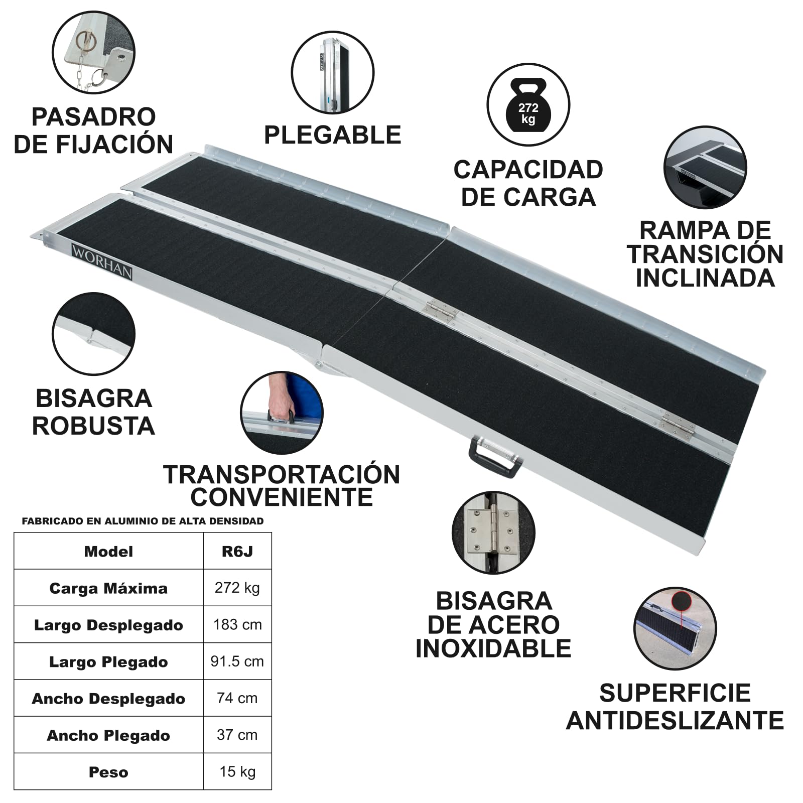 1.83m Rampa Plegable Carga Silla de Ruedas Discapacitado Movilidad Aluminio Anodizado Modelo de Alta Adherencia 183cm R6J