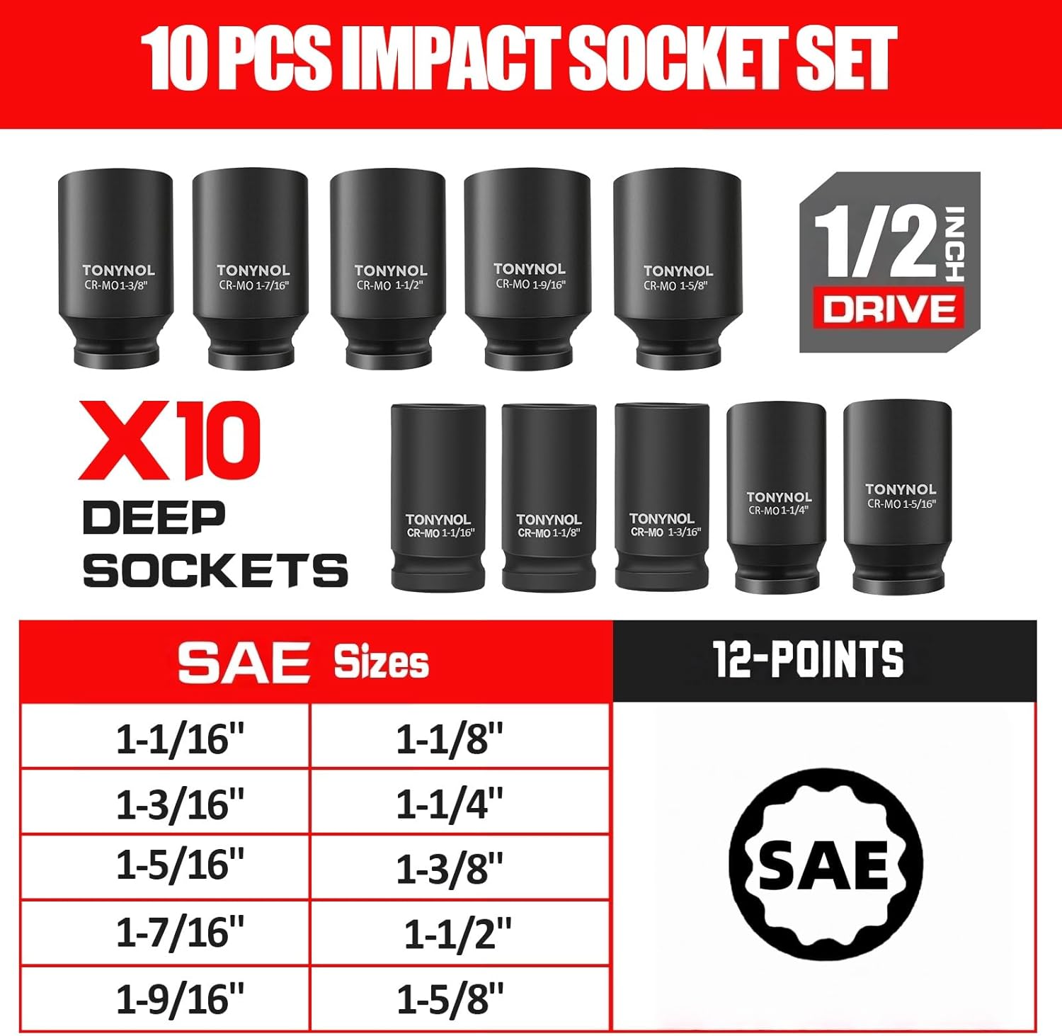 TONYNOL 1/2" Drive Deep Impact Socket Set, 12-Point,10-Piece,SAE Size (1-1/16" to 1-5/8"),Cr-Mo Steel, Heavy Duty with Storage Case