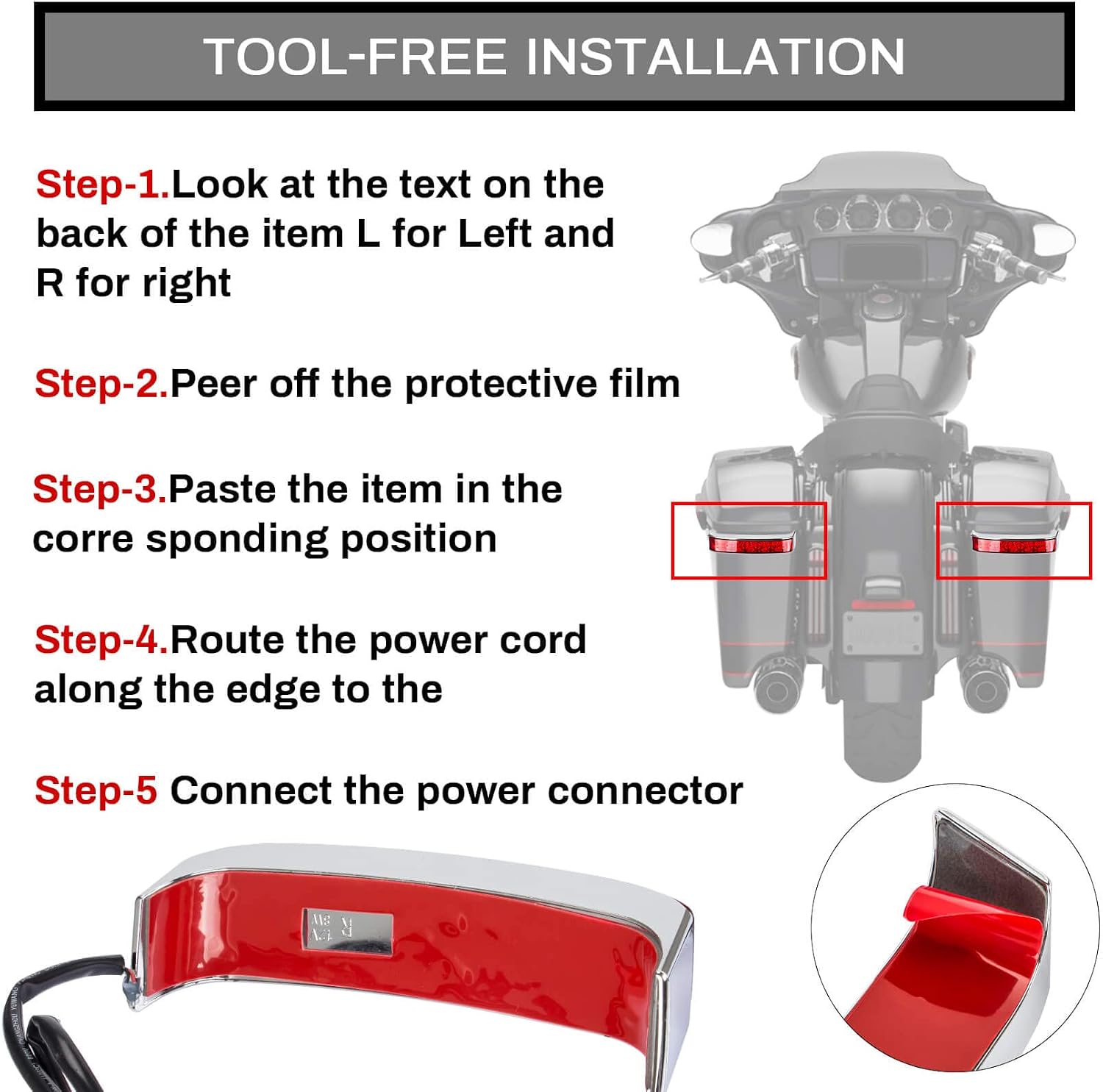 PSLER Saddlebag Housing Tail Run Brake Turn Light Lamp LED Len for Touring Street Road Glide CVO Electra Glide Ultra Classic Ultra Limited CVO 2014-2024(Chrome Red)