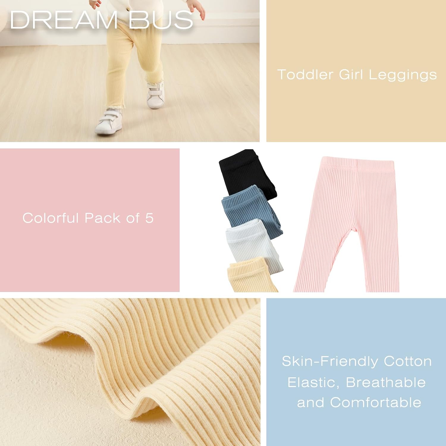 DREAM BUS 5 Pack Baby Girl Pants Toddler Girl Solid Ribbed Pants with Lace Trim Newborn Cotton Leggings Infant Jogger Pants