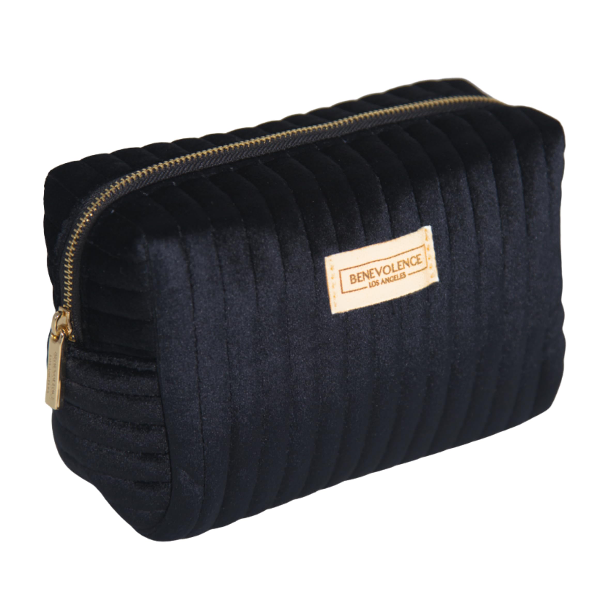 Benevolence LA Plush Velvet Small Makeup Bag for Purse | Black Cosmetic Pouch, Travel Toiletry Organizer for Women, Quilted Bag for Accessories -