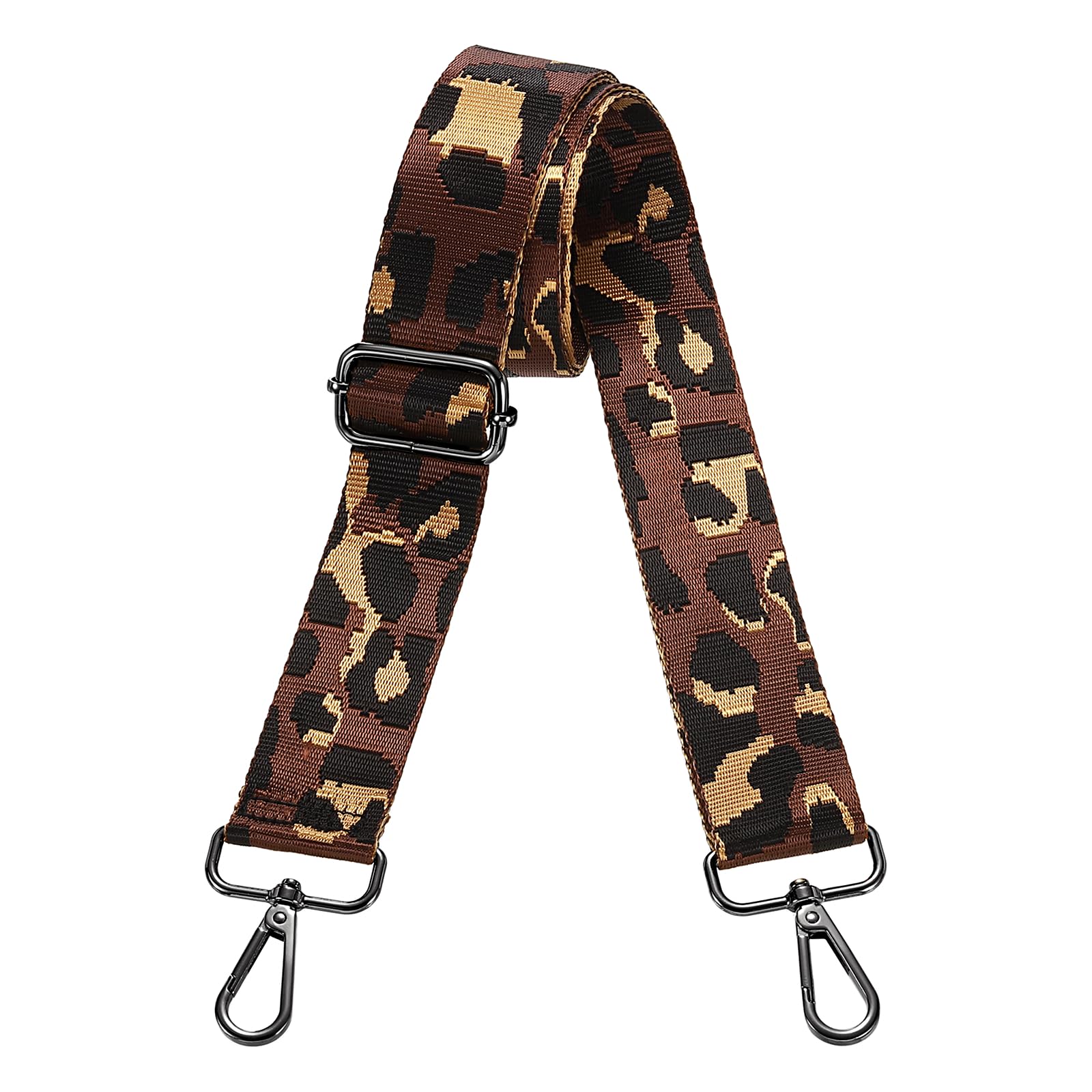 Sangle en toile jacquard léopard marron avec boucle noire de sac