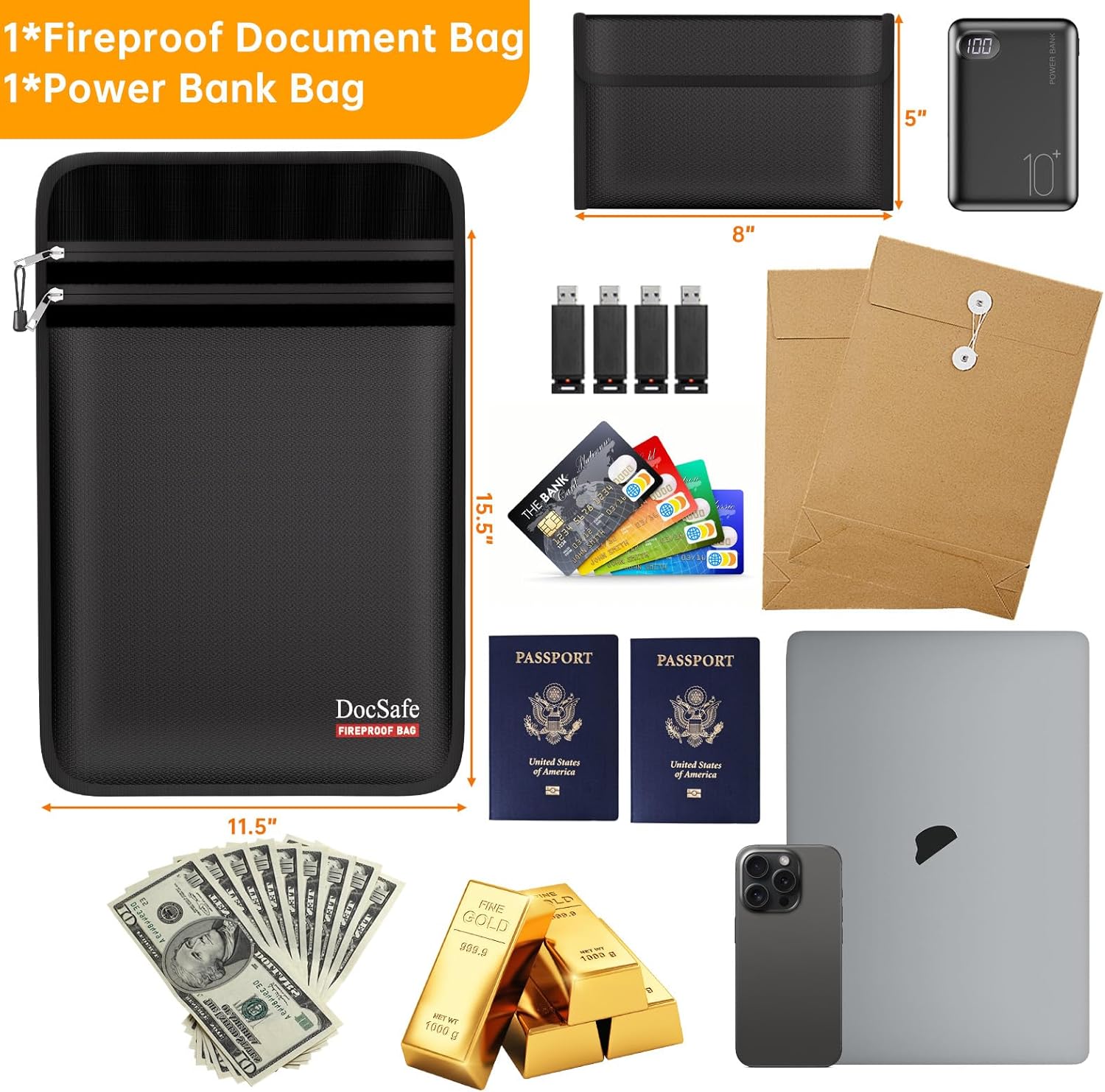 DocSafe Fireproof Document Bag (5200℉) with Fireproof Organizer Travel Case,Heat Insulated Fire&Water Resistant 8 Layers Safe Money Bag Storage for Important Documents,Cash,Power Bank,Valuables,Black - Image 4