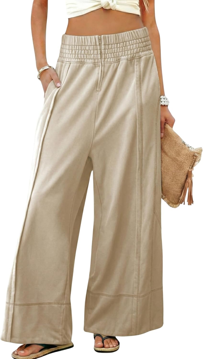 Tanming Womens Wide Leg Pants Cotton Stretchy High Waisted Palazzo Pants Daily Workout Wear Lounge Sweatpants with Pockets