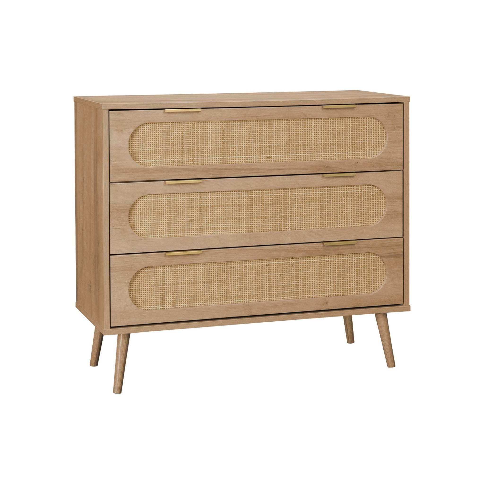 Alice's Home - Commode. Eva. décor Bois et cannage Arrondi. 3 tiroirs L 90 x l 39 x H 79cm