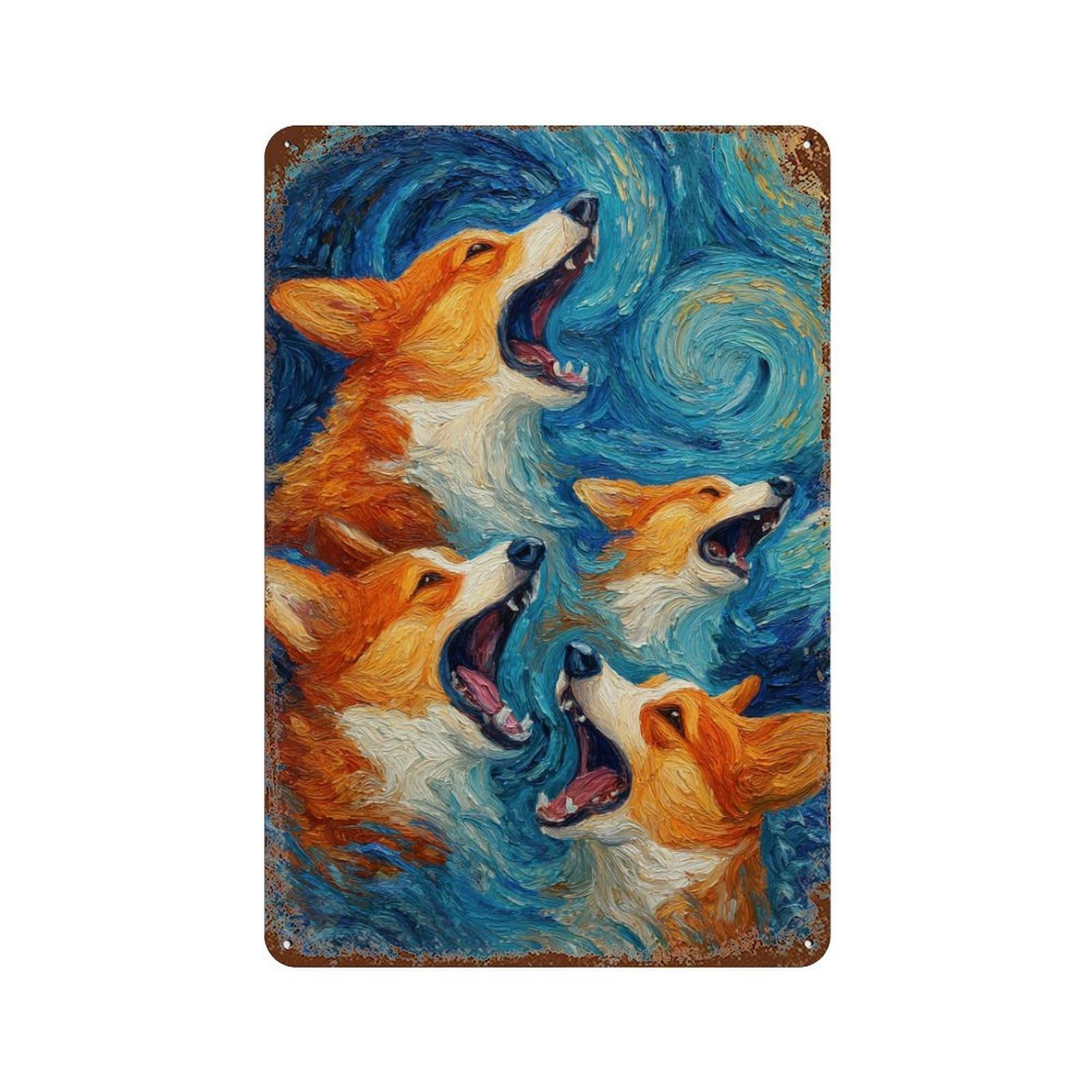 Corgi Art Painting Rust Effect Tin Sign 11.8"x7.9", for Farmhouse, Kitchen And Entryway Decor, Decorative Metal Wall Art