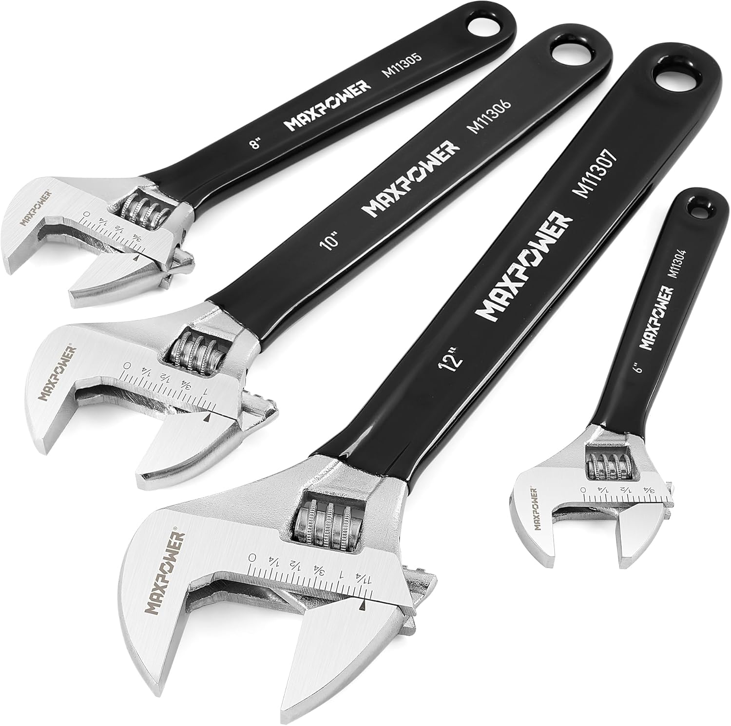 MAXPOWER Adjustable Wrench Set, 4-Piece Adjustable Wrenches 6-inch, 8-inch, 10-inch and 12-inch, Metric & SAE Scales, Extra-Wide Jaw and Soft Girp Wrench Set