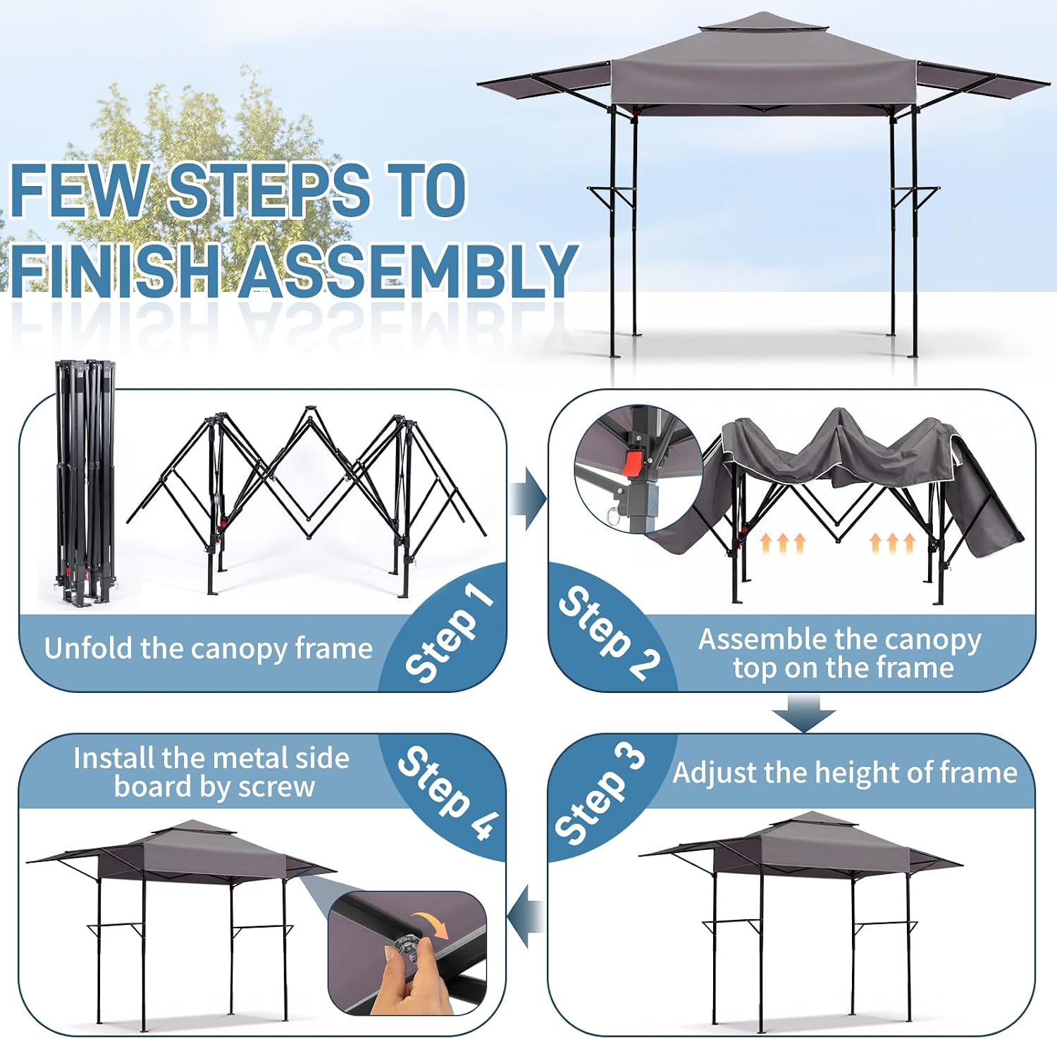 VINGLI 12.x3.3FT Pop Up Grill Gazebo BBQ Gazebo with Awnings, Outdoor Grill Canopy BBQ Canopy with 2 Side Shelves Adjustable Height, Grilling Pergola for Patio Garden (Grey)