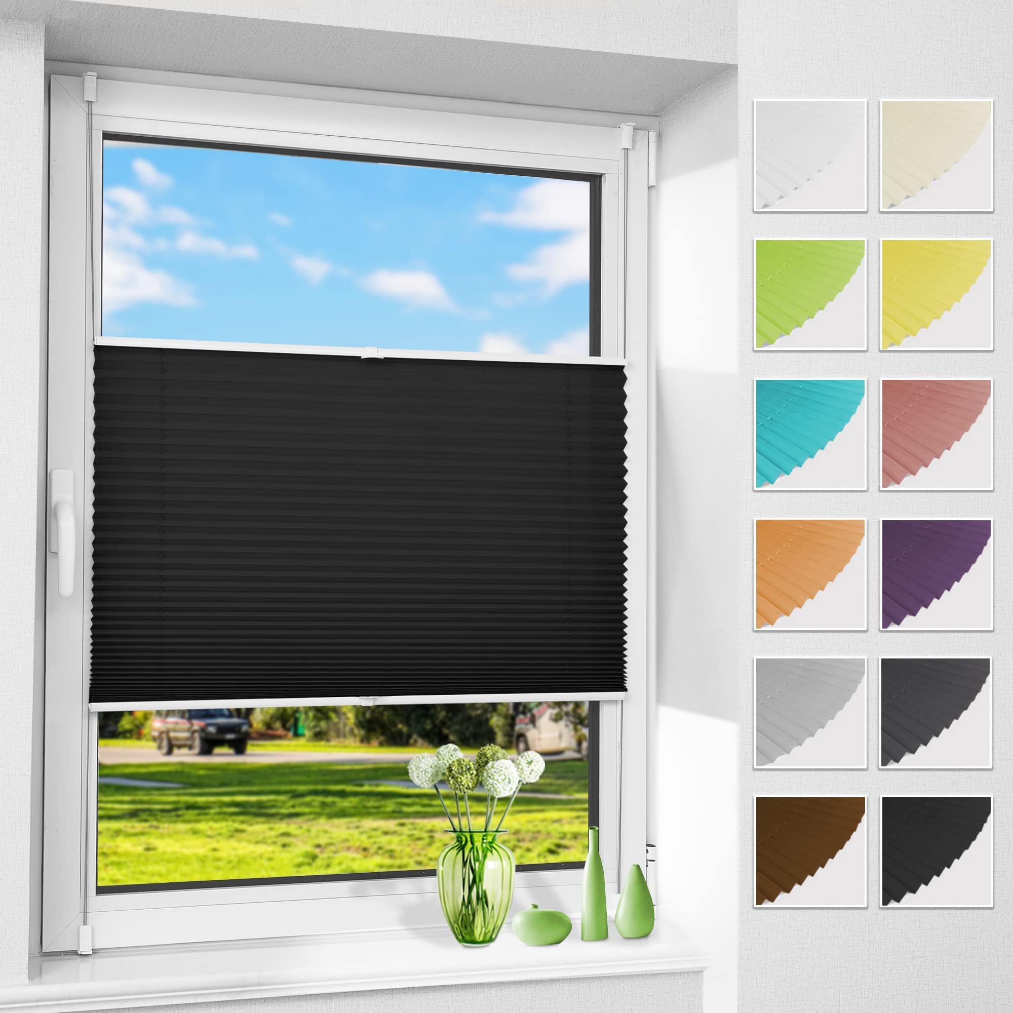 Allesin Plissee ohne Bohren Plissees Klemmfix Schwarz 35x130cm(BxH), Plisseerollo Faltrollo mit Klemmträger, Jalousie Rollos für Fenster und Tür, Sichtschutz und Sonnenschutz