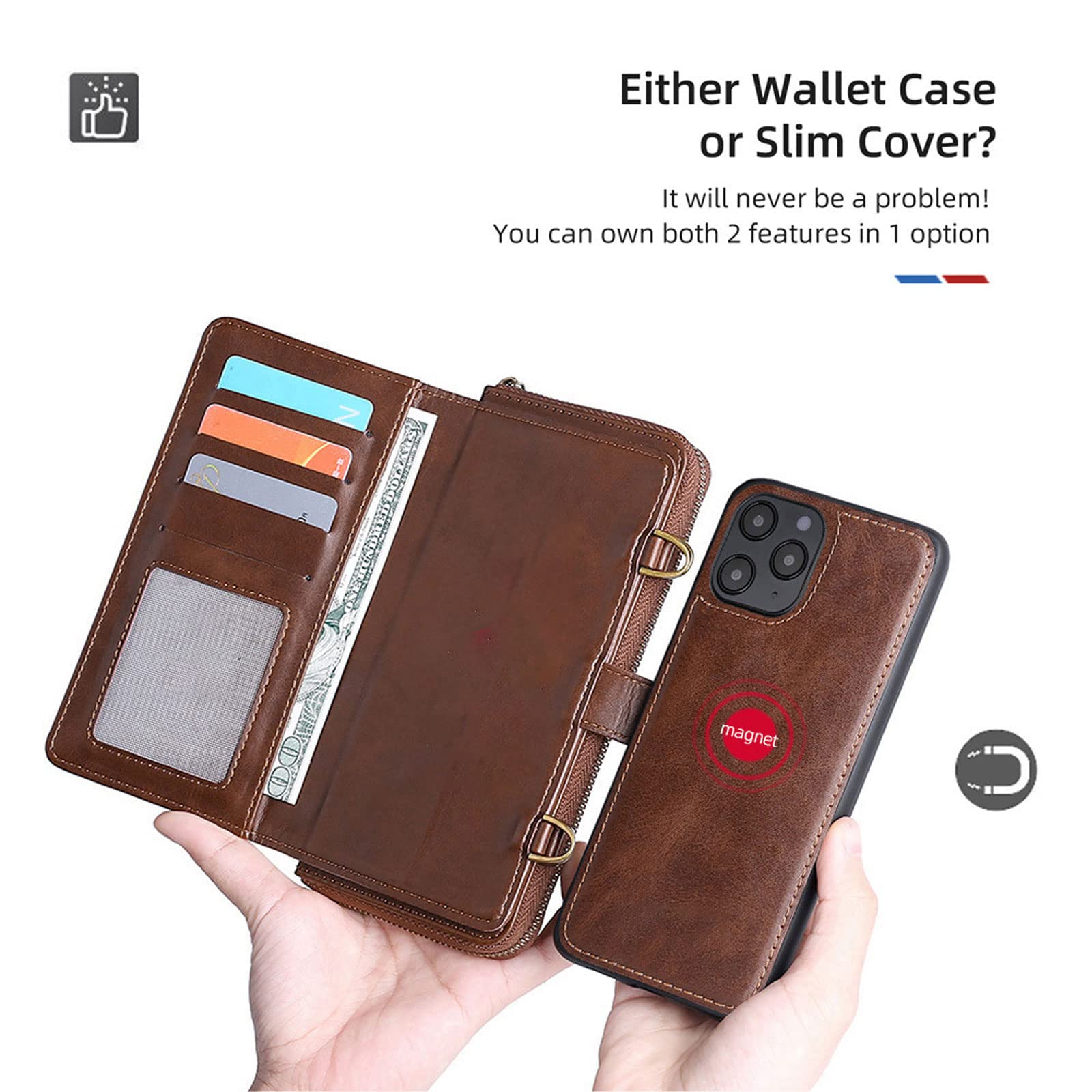 Etui do iPhone 14 / 14 Pro / 14 Plus / 14 Pro Max, klapki, zamek błyskawiczny, etui na telefon komórkowy, przegródka na karty, magnetyczne, odporne na zarysowania, brązowe, 14 Pro 6,1"