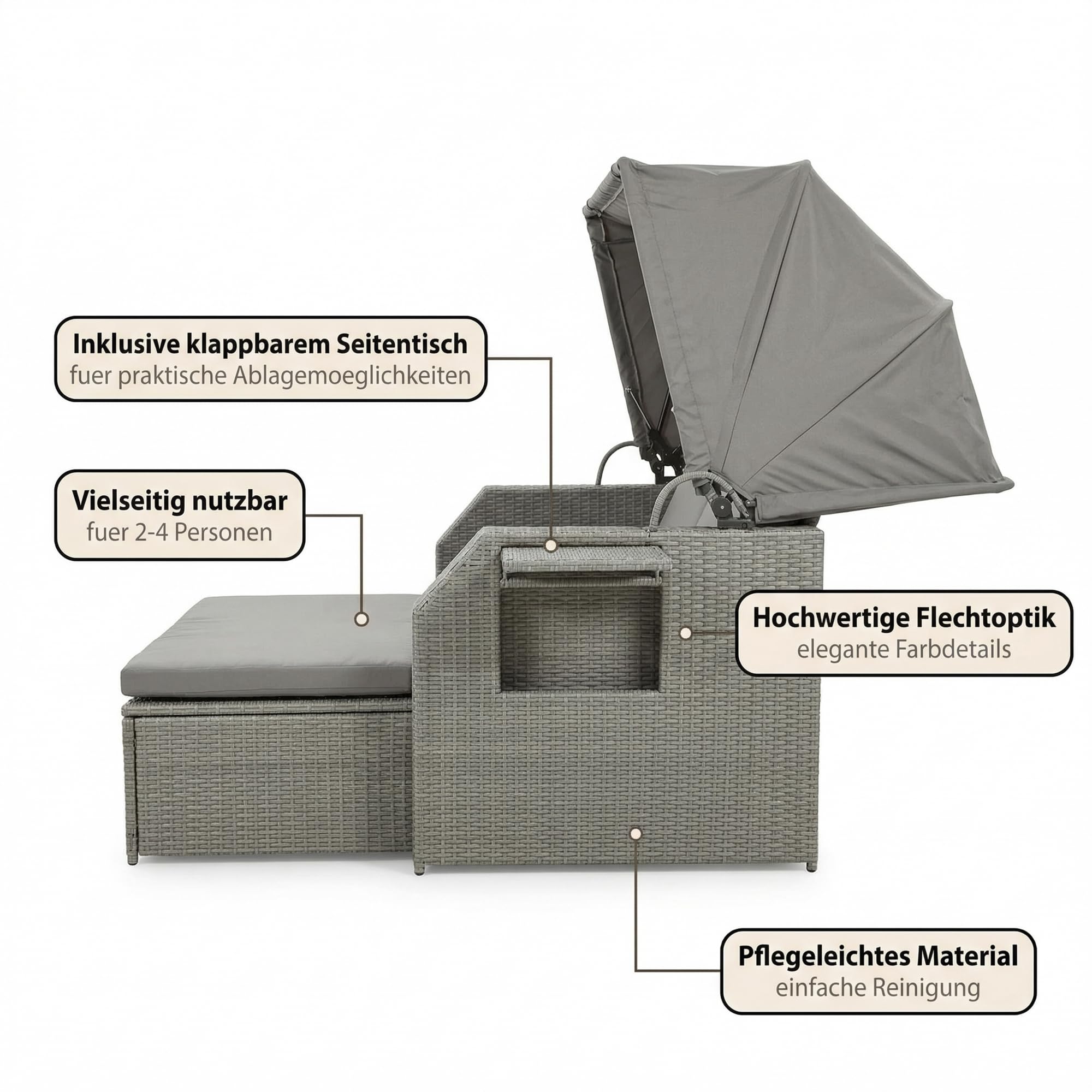Mucola Strandkorb inkl. Sonnenschutz Polyrattan Sonnenbett inkl. verstellerbarer Rückenlehne und klappbaren Seitentischen Outdoor Lounge wetterfest