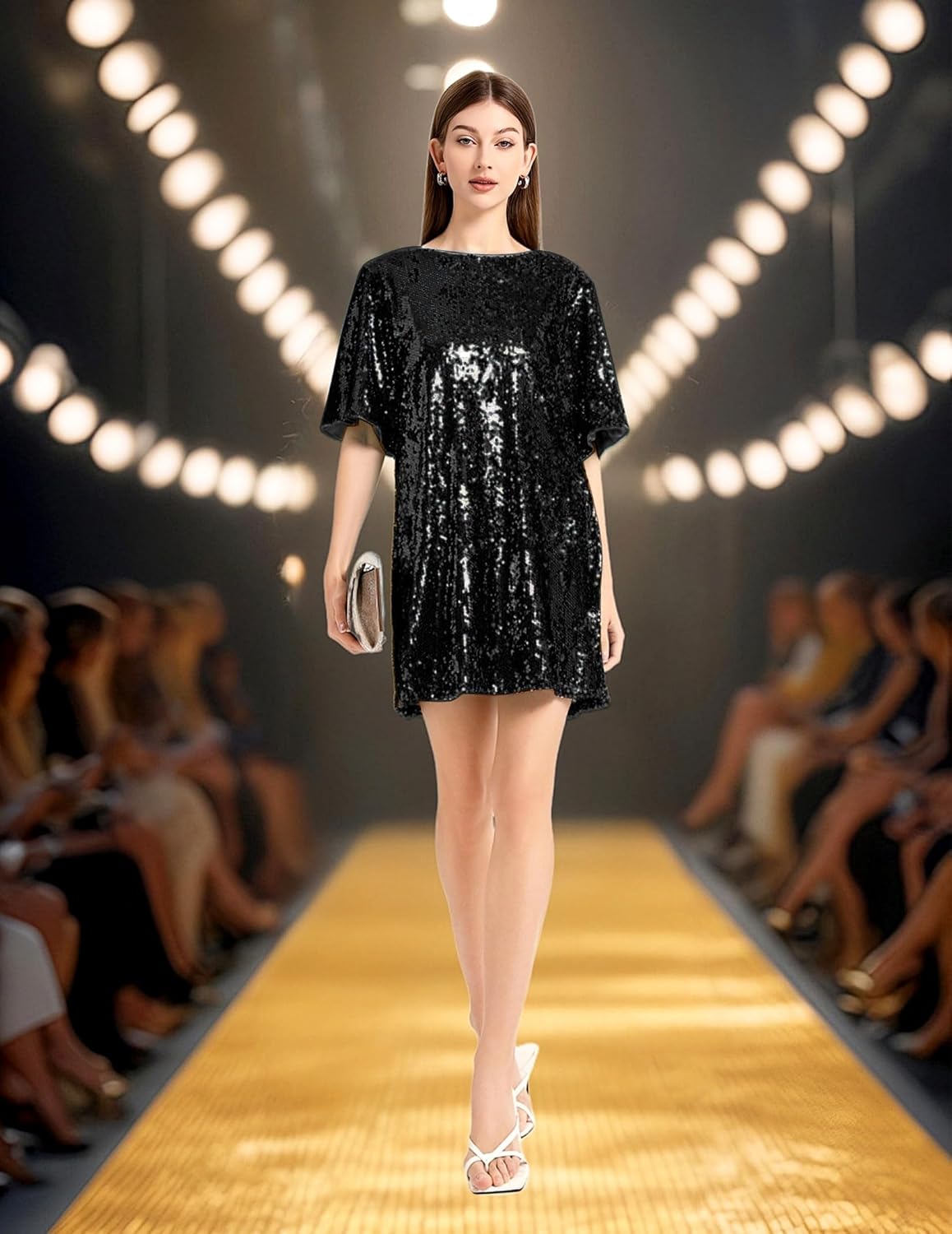 Women's Crew Neck Sequin Dress for Women Sexy V Neck Shirt Dress Sparkly Half Sleeve Loose Party Club Cocktail Dress - Image 3