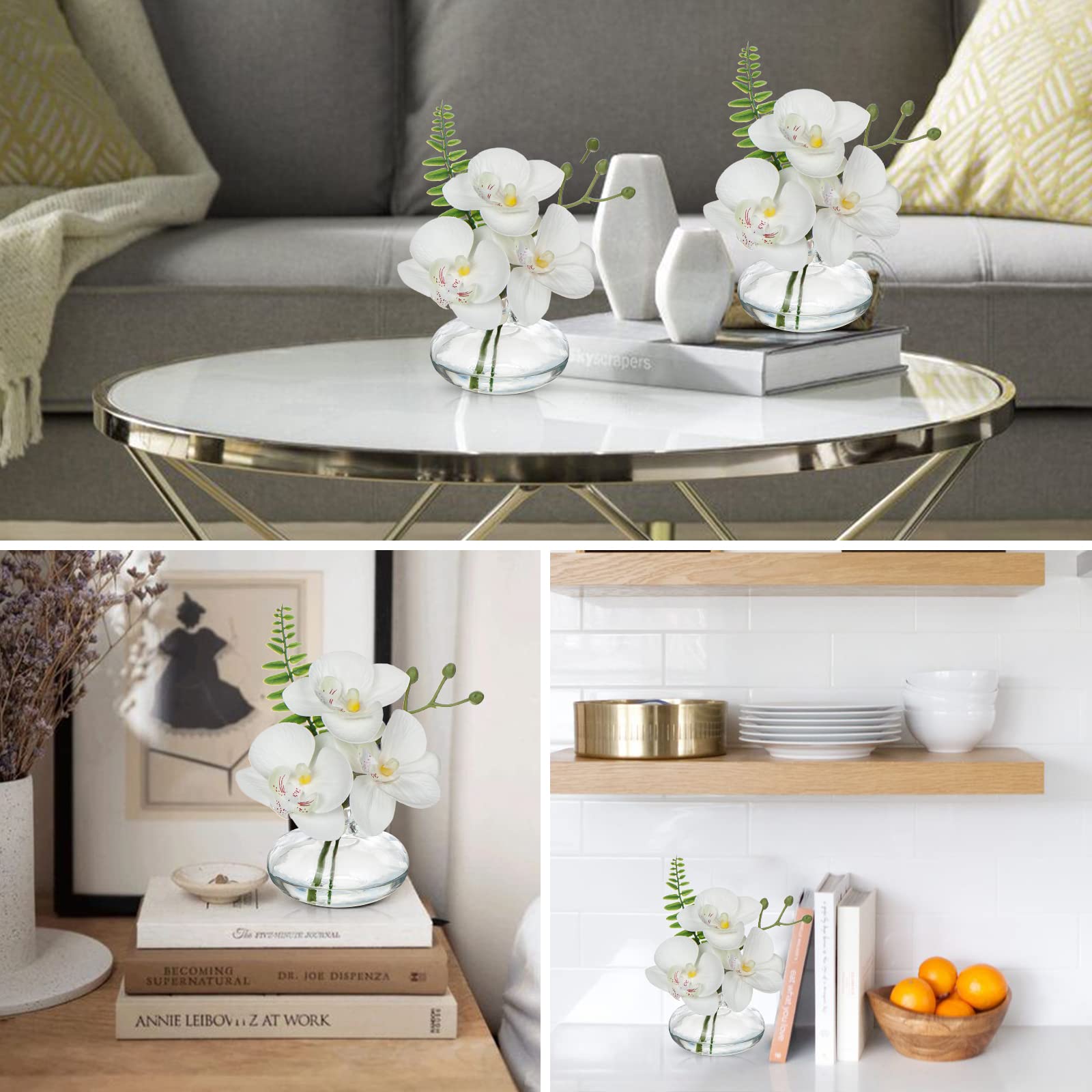 White Orchids - Juego de 3 flores artificiales de orquídeas artificiales en jarrones de vidrio transparente, juego de 3 flores de orquídea Phalaenopsis de tacto real, centro de mesa pequeño de 4