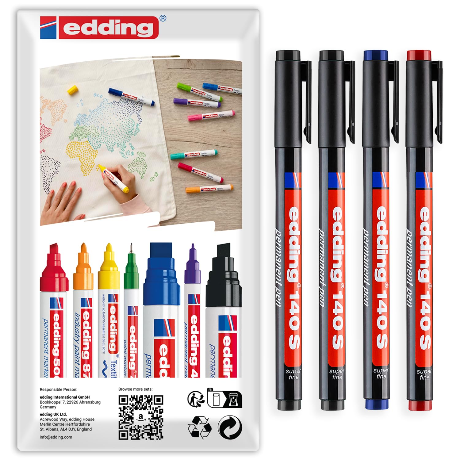 edding 140S Permanent Super Fine Pen 0.3mm Pack of 4 (Black, Blue & Red)