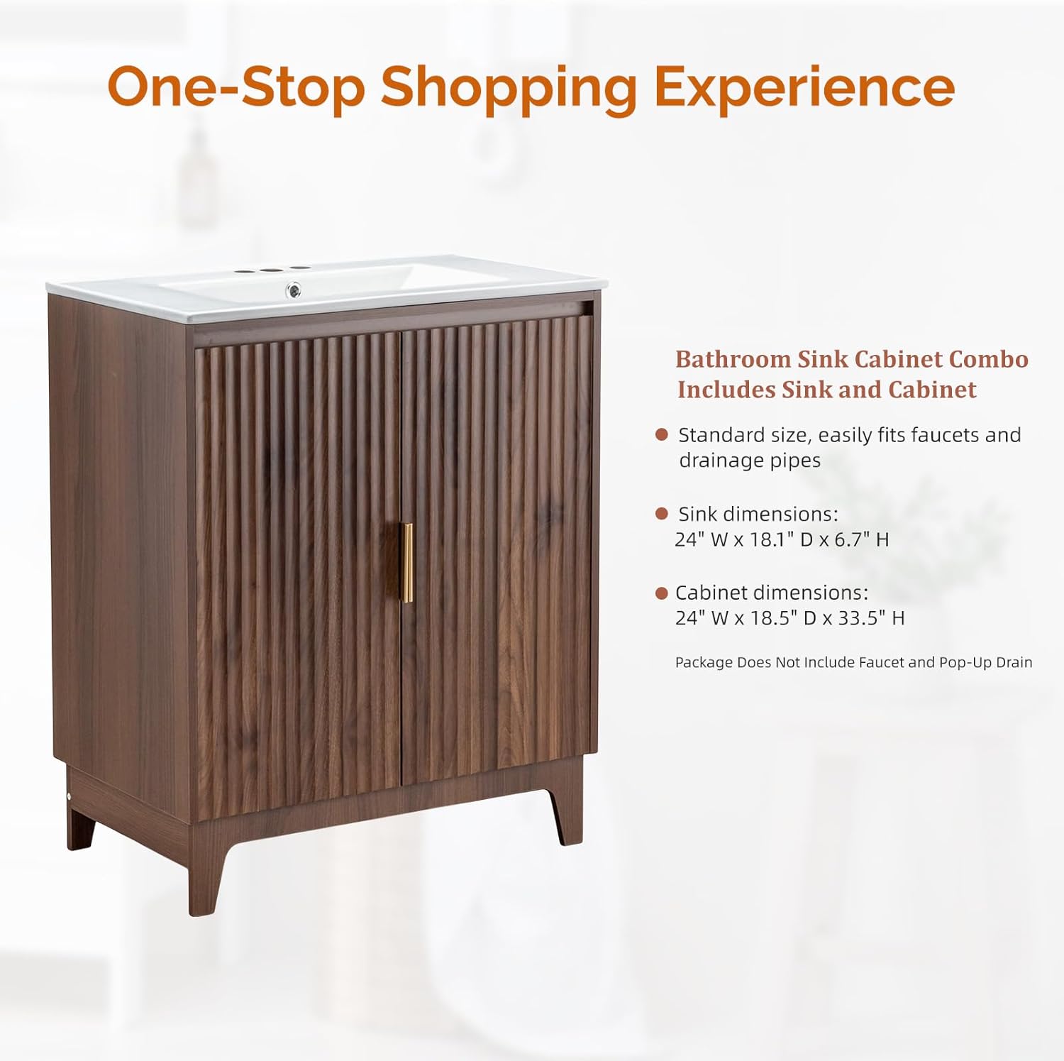 VINGLI 30 Inch Bathroom Vanity with Sink, Mid-Century Modern Vanity with Ceramic Basin and Fluted Soft-Close Doors, U-Shape Storage Shelf,Free Standing Small Bathroom Sink Cabinet Combo Set,Walnut