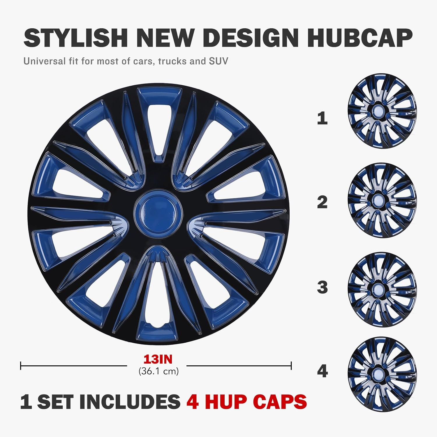 AUTOWIKI 13 Inches Wheel Rim Cover Hubcaps, Fashion Style Replacement Hubcaps for Car Truck SUV Hub Accessories, Snap On Wheel Tire Covers Automotive Replacement (13-Inch, Blue & Black)