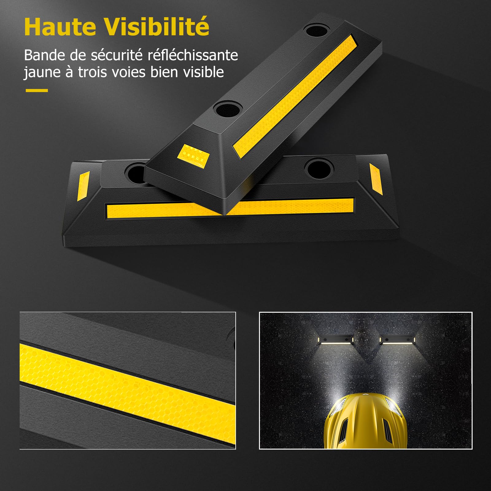GOPLUS Lot de 2 Butées de Roue pour Stationnement De Véhicule, Caoutchouc Durable et Robuste, Bandes Réfléchissantes, Intérieur Extérieur, pour Pneus de Voiture, Camion, Camionnettes, pour Garage