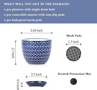Selamica Ceramic Succulent Pots with Drainage Holes, Small Flower Pots 3.5 Inch Plant Pots for Indoor Plants with Saucers, Cactus Succulent, Home Decor, Set of 4, Vintage Blue