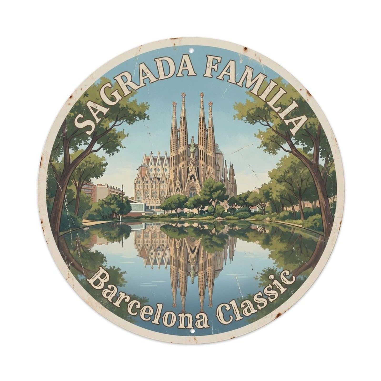 Classic Barcelona Basilica Vintage Travel Landmark Heritage Metal Tin Sign Plaque Wall Decor for Cafe, Man Cave, Club Bar, Office, Home Garden Round Metal Poster 8x8Inch