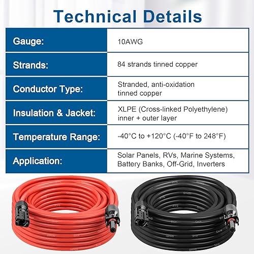 Miniatura 5 de Cable de extensión solar 10AWG de 20 pies  Paquete de 2 cables fotovoltaicos rojos y negros con conectores solares, cobre estañado de 84 hebras,